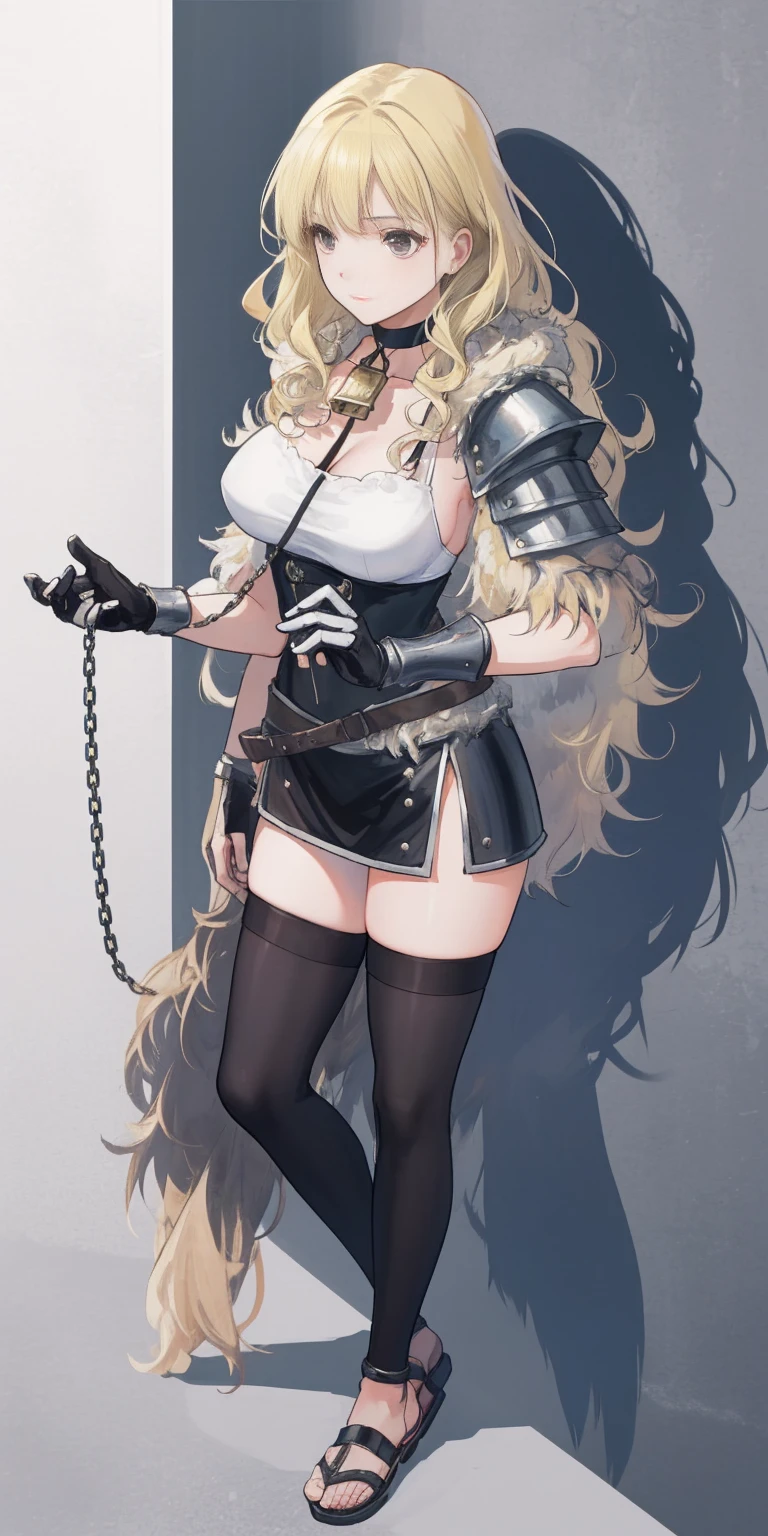 standing straight symmetrical, full body, solo girl looking to the camera, beautiful woman, viking warrior, fur cloak, armor, blonde hair, wavy hair, (closeup, portrait shot), (solo), realistic, cow bell choker, metal sandals, black thigh highs