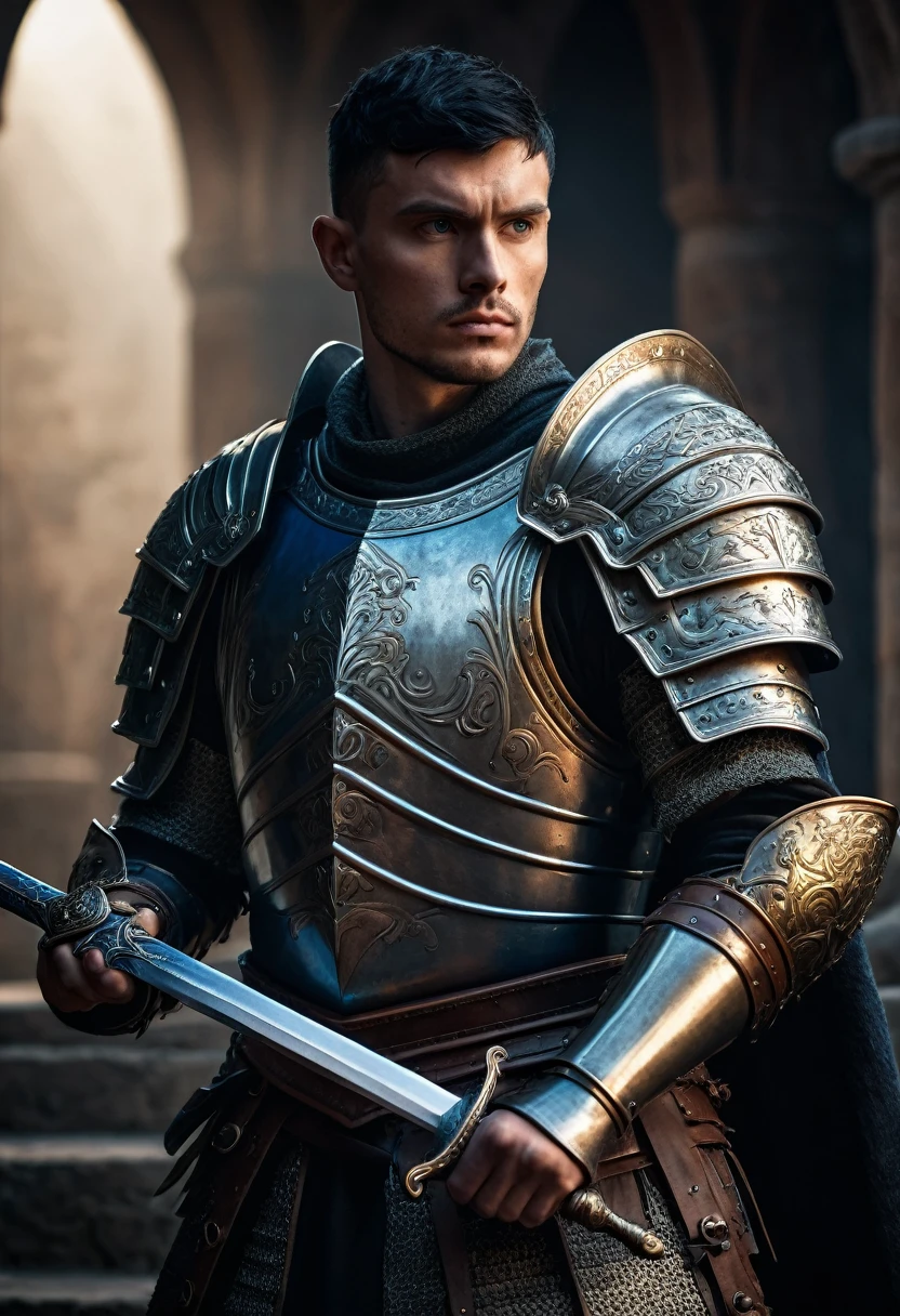 a european male warrior with black short hair, detailed facial features, piercing blue eyes, sharp jawline, wearing ornate armor, holding a sword, medieval fantasy setting, dramatic lighting, cinematic composition, (best quality,4k,8k,highres,masterpiece:1.2),ultra-detailed,(realistic,photorealistic,photo-realistic:1.37),intricate details,epic scale,dramatic shadows,moody atmosphere,muted earthy colors,volumetric lighting,chiaroscuro,cinematic camera angle,heroic pose
