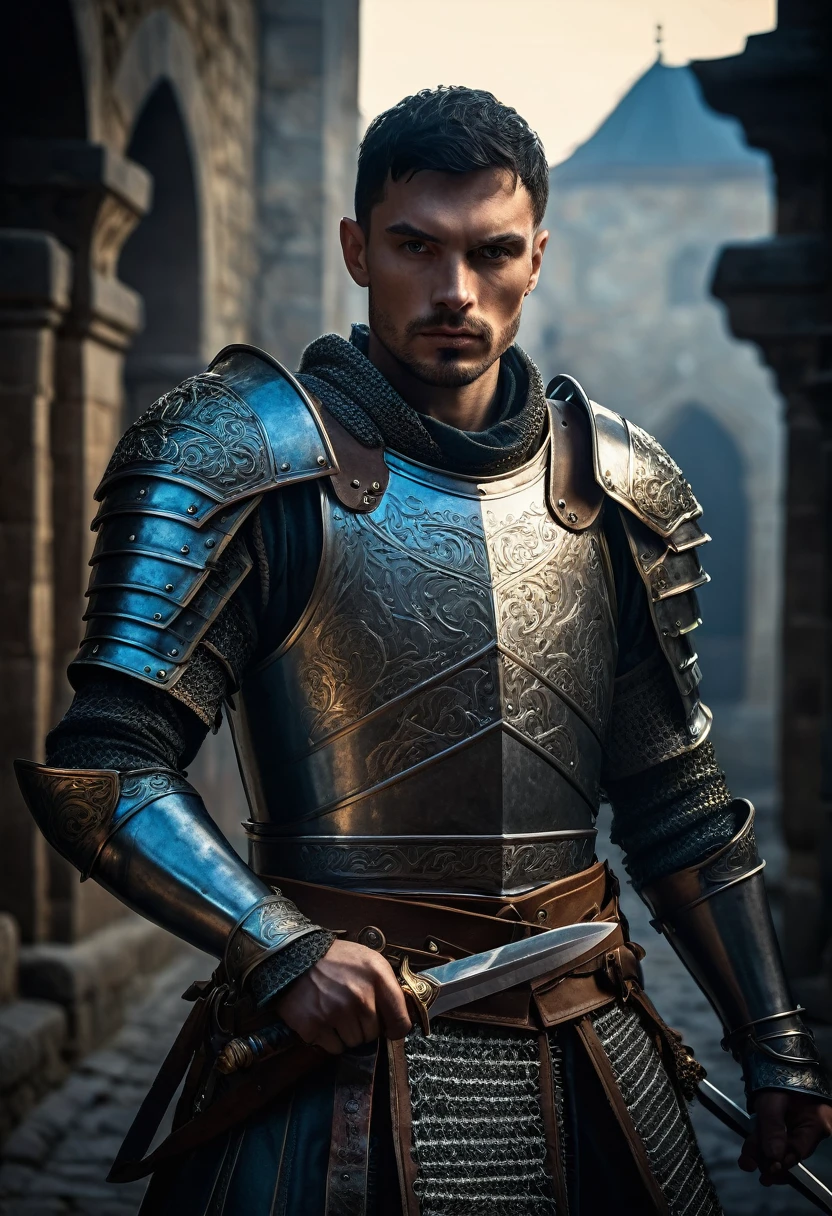 a european male warrior with black short hair, detailed facial features, piercing blue eyes, sharp jawline, wearing ornate armor, holding a sword, medieval fantasy setting, dramatic lighting, cinematic composition, (best quality,4k,8k,highres,masterpiece:1.2),ultra-detailed,(realistic,photorealistic,photo-realistic:1.37),intricate details,epic scale,dramatic shadows,moody atmosphere,muted earthy colors,volumetric lighting,chiaroscuro,cinematic camera angle,heroic pose