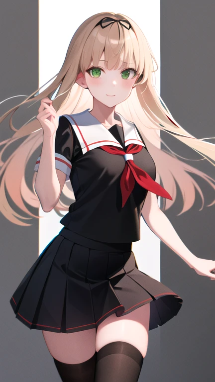 masterpiece, best quality, highres, poi1, green eyes, , hair ribbon, serafuku, black ribbon, pleated skirt, straight hair, black skirt, red neckerchief, black socks, white sailor collar, 