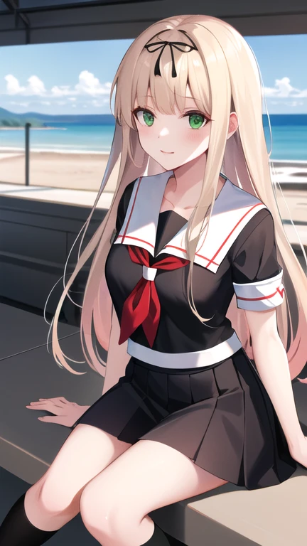 masterpiece, best quality, highres, poi1, green eyes, , hair ribbon, serafuku, black ribbon, pleated skirt, straight hair, black skirt, red neckerchief, black socks, white sailor collar, 