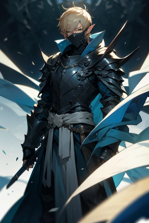 man, blond hair, short hair, green eyes, wears a mask that covers his entire face, only leaving his eyes and ears showing and his hair is also showing, pointy ears, wears a blue cloak with a contrasting black and has a symbol of a dragon with a white sword on it, he wears armor on his waist, the scene is a field full of swords stuck in him