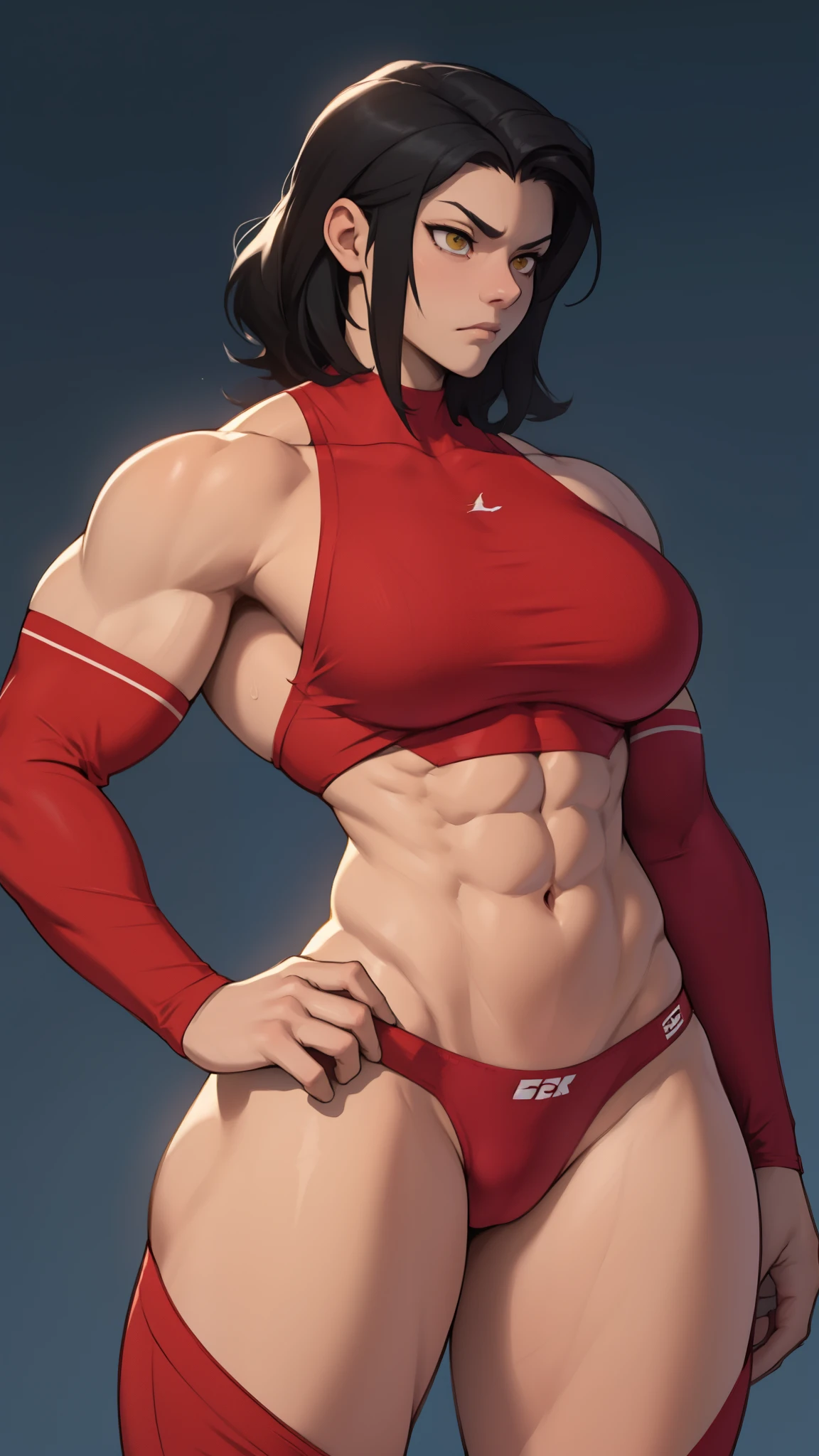 wide hips curvy thick thighs voluptuous huge breasts muscular toned body bodybuilder black hair pale skin yellow eyes skintight expressionless sad sad