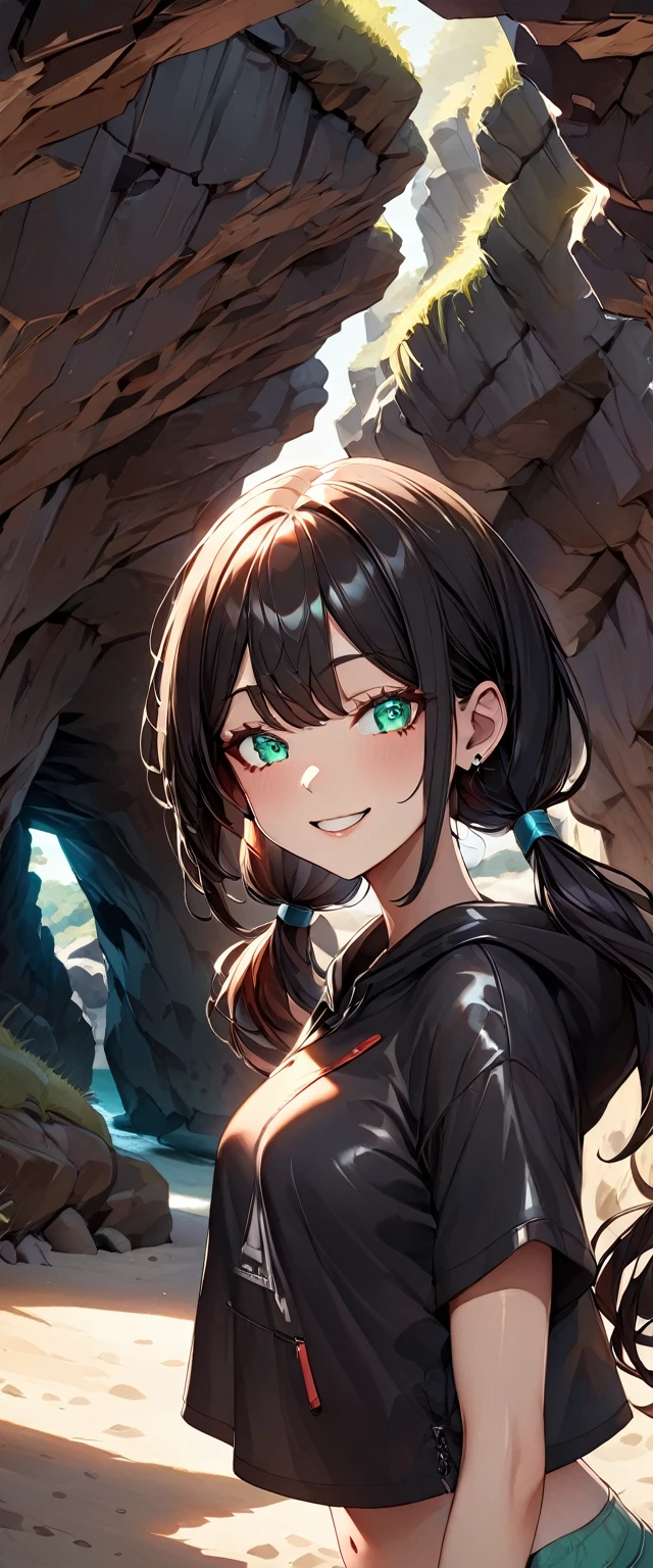 Photo of a girl with natural skin, (()), Grinning, Smiling, ((Head tilted forward)), From the side, Round face, A girl wearing mainly black and red, ((Upper Body)), Beach cave, The light is shining in, High Twintails, Black hair with red mesh, Sharp eyes with red eyeshadow, Blue-green eyes, Shining eyes, A thin, upturned nose, Well-shaped lips, ((crop top overhang, Short sleeve, Black clothes, Thighs, Glamour body)), Makeup, Exquisitely crafted with the utmost attention to detail, Vibrant, amazing, Smooth, Cinematic, 4K, Backlight, (()), Shallow depth of field, ((Detailed eyes:1.3, Detailed lips:1.3, high quality, )), masterpiece, Super detailed images, High quality