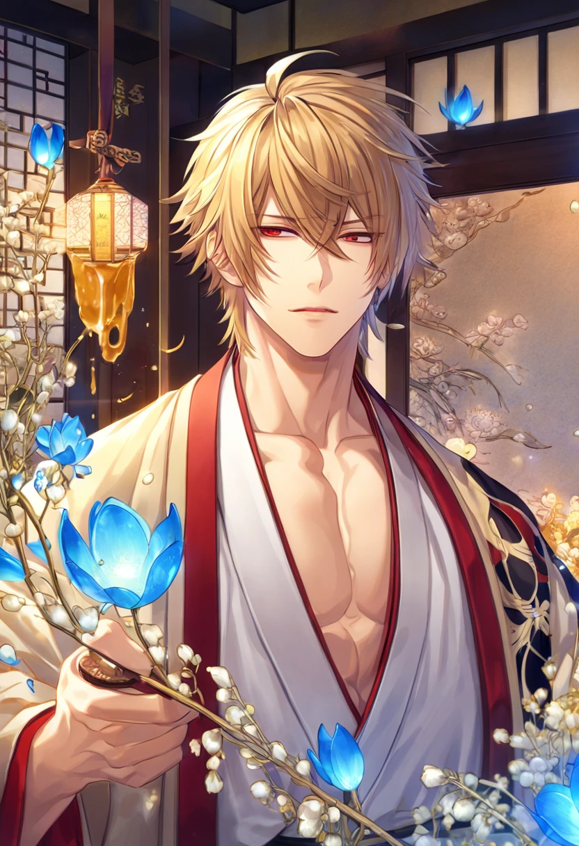 absurdres, highres, ultra detailed, HDR, master piece, Kazama Chikage, honey blonde hair, expressive red eyes, white kimono with red trim, black haori, Hakuouki, sexy man, room, handsome, best quality, flowers, fantasy, magical, solo, blue shining fireflies, blue petals, sensual, dark-brown collar