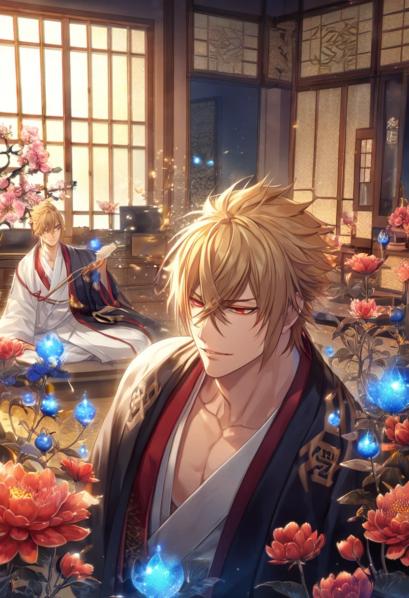 absurdres, highres, ultra detailed, HDR, master piece, Kazama Chikage, honey blonde hair, expressive red eyes, white kimono with red trim, black haori, Hakuouki, sexy man, room, handsome, best quality, flowers, fantasy, magical, solo, blue shining fireflies, blue petals, sensual, dark-brown collar
