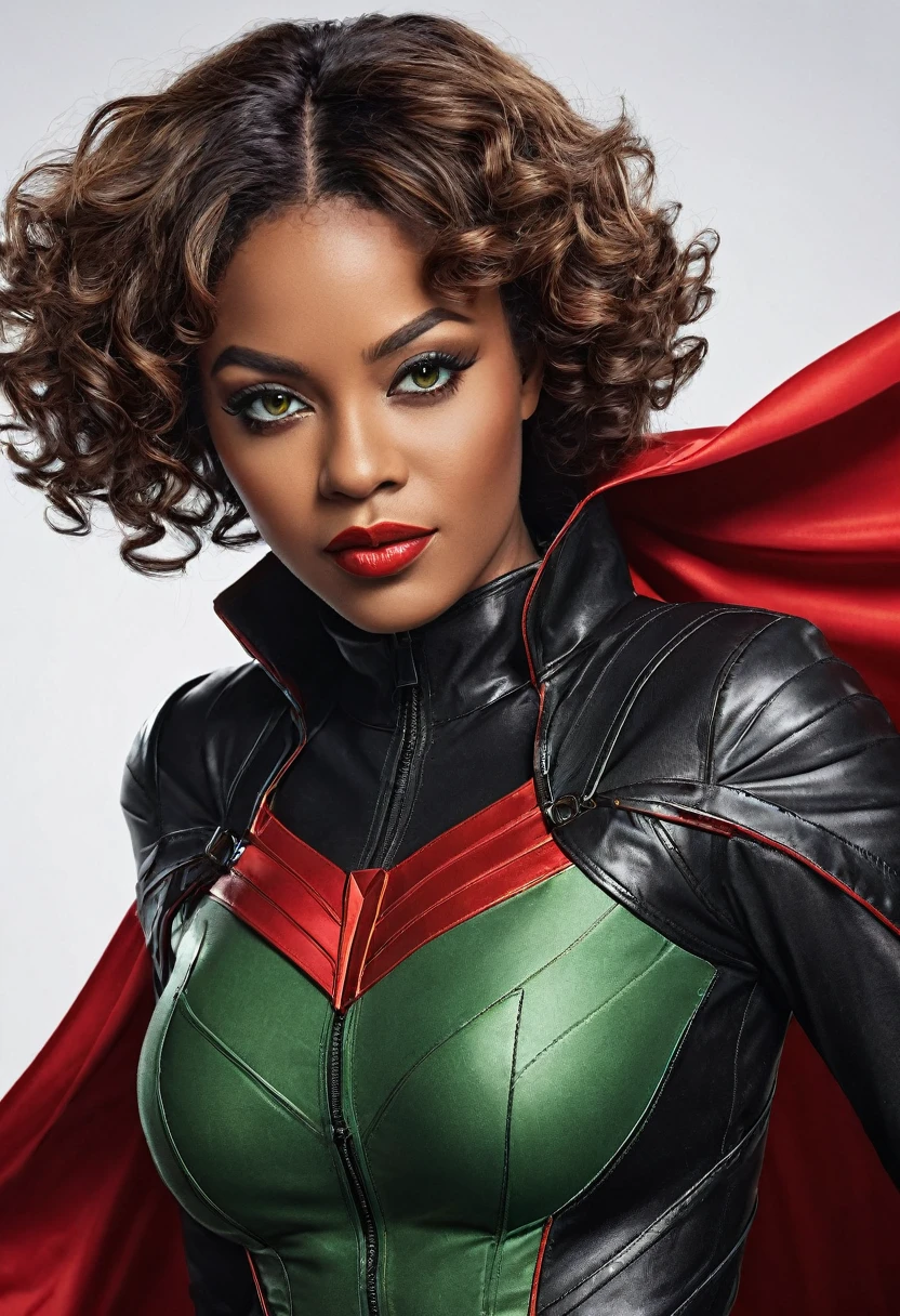 "Create a HQ-style image of a superhero named Dominant Lady. She is of Afro-Brazilian and European ethnicity, with light brown skin and wavy brown hair. She wears a fitted black leather outfit, with vibrant red and silver details, a mask that covers the upper part of the face, leaving your green eyes visible, and a short cape fluttering in the wind. into the image, Dominant Lady is putting a multifunctional bottle into someone&#39;s mouth sweetly, with a gentle and compassionate expression. The scene is set in an urban location at night., with skyscrapers and bright lights in the background, and dramatic lighting highlights your figure, creating a silhouette effect with red and silver highlights on your outfit."