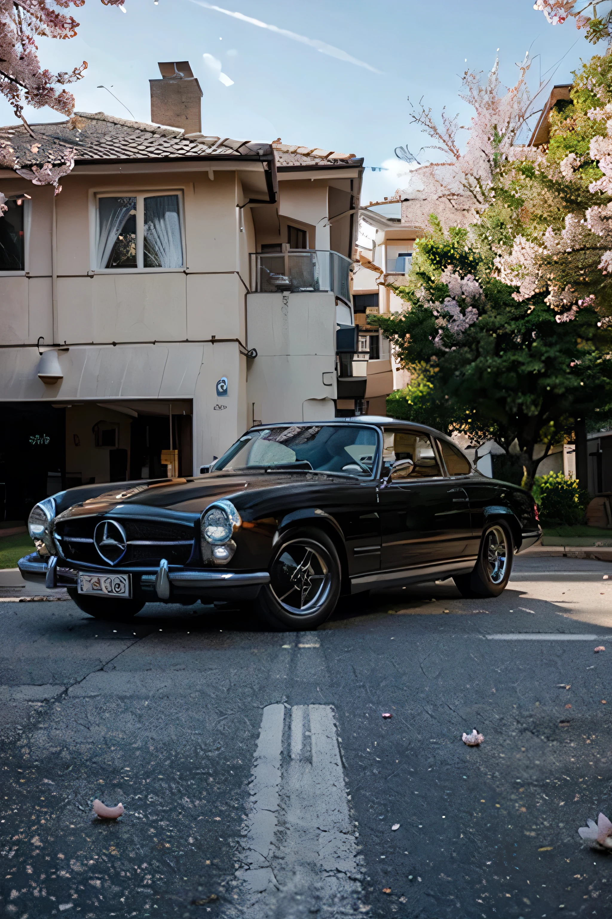 An elegant, classic black Mercedes-Benz 380 SL is parked on a quiet street, lined with sakura trees in full bloom. Cherry blossom petals gently fall around the car, creating a charming contrast between the vehicle's glossy paintwork and the natural pink and white backdrop of the flowers. The clear blue sky in the background adds a serene touch to the scene, while sunlight filters through the flowers, illuminating the road with a soft glow."
