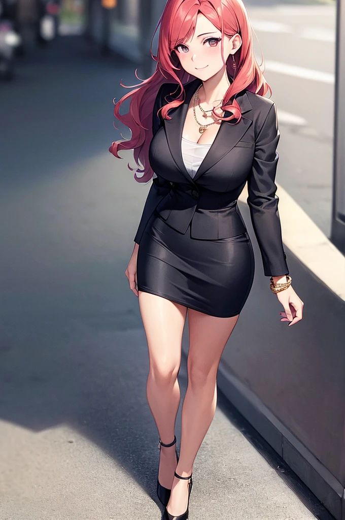 ((masterpiece, best quality, ultra-detailed)), 1girl, beautiful business woman standing in city, smiling, blush, wearing pink blouse and blazer, bracelet, necklace, black midi pencil skirt, black skirt, heels, full body, wavy red hair, wide hips, hand on hip