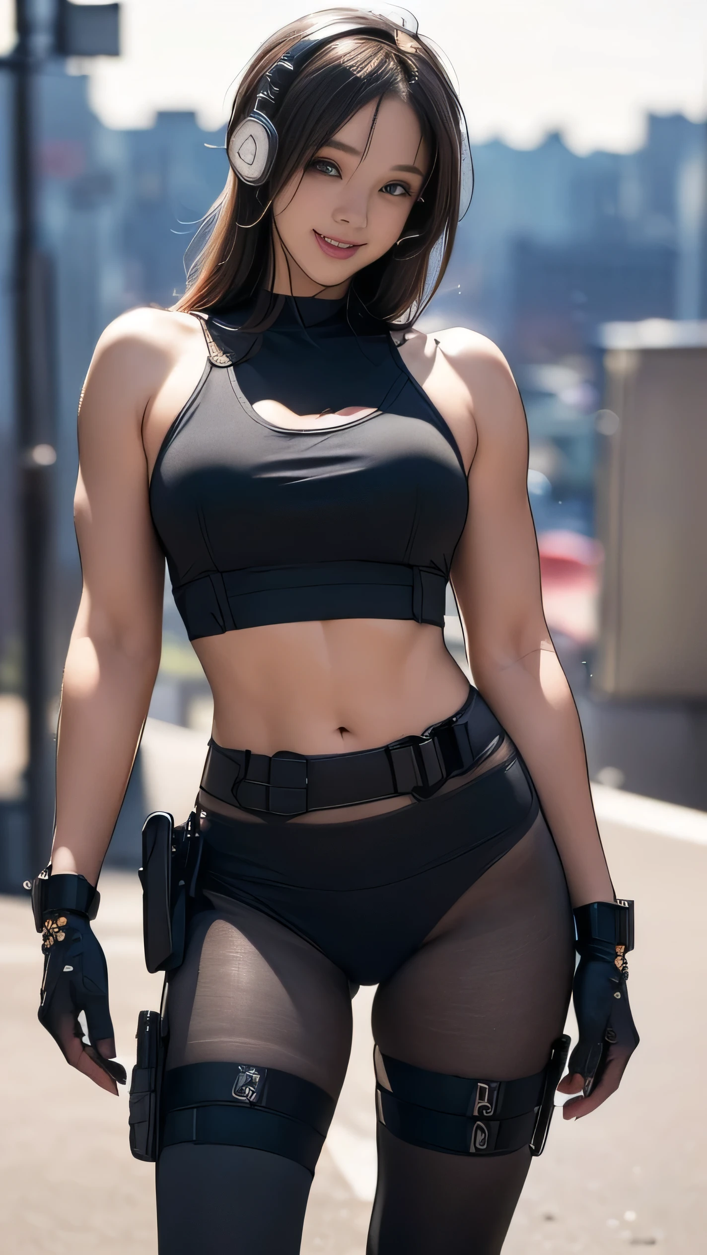 (One Womon),(((Womon standing side by side:1.5))),((Black tactical tights:1.5)),((Black headphones:1.5)),((Black Tactical Holster:1.5)),(Black Gloves:1.5),((Wearing the same:1.5)),(Smile:1.5),(beautiful eyes:1.3),(Very detailedな顔:1.5),((Very detailed drawing of a female hand:1.5)),((muscular:1.5)),(Sexy appearance:1.5),((Thick thighs:1.5)),(Beautiful Body:1.5),((Very sensual:1.5)),(Background is the city:1.5),(((Blurred Background:1.5))),(Written border depth:1.5),rest(((masterpiece:1.5),(best quality:1.5),(Very detailed:1.5),(high resolution:1.5),(Practical:1.5),(Practical:1.5),(Delicate depiction),(Carefully drawn))),8k,wallpaper