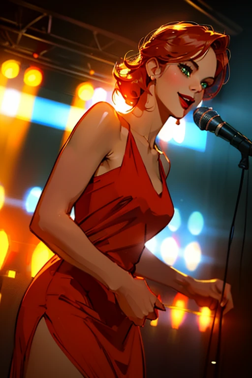 ((Singing in jazz club)).(sultry eyes, flirty smile:1.2).(ultra realistic illustration:1.3).Sexy 23yo French woman, dyed red hair, green eyes. fit, natural perky breasts, perfect round ass, (suntan). (bangs, long hair:0.8), red lipstick, mascara, nail polish, red dress, pumps. Masterpiece, best quality,(highly detailed:1.2),(detailed face and eyes:1.2), 8k wallpaper, depth of field, natural lighting. core shadows, high contrast, bokeh.(rule of thirds), cinematic, atmospheric, contrast, intricate,