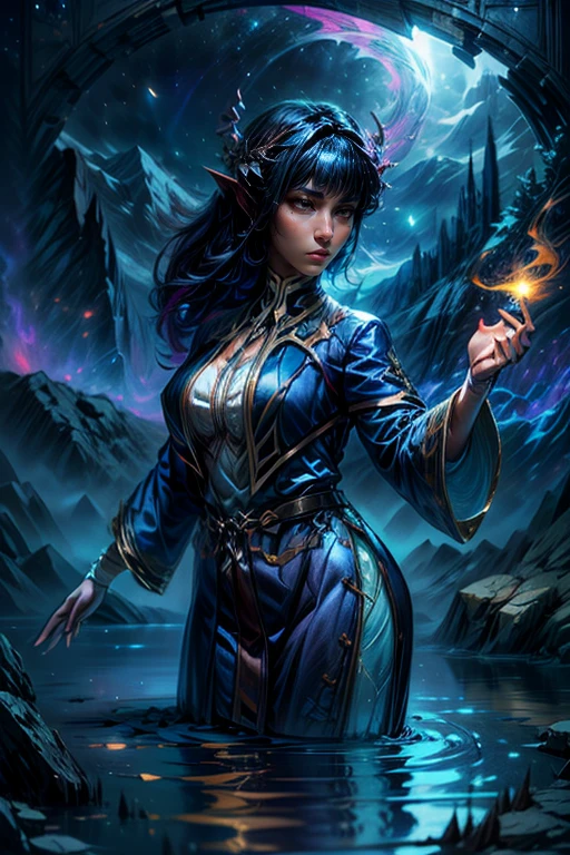 full length closeup portrait of complex detailed fractal aurora, forming a hyper-detailed ghostly vision of a beautiful succubus in the sky, busty, reflection in water, Ripples on the water, dark mountains on the horizon, backlight, Starry night sky background, very detailed galaxy, DAZ 3D landscape rendering, Unity, Unreal engine 5, UHD resolution, sharp focus, 8 k, 12 MP