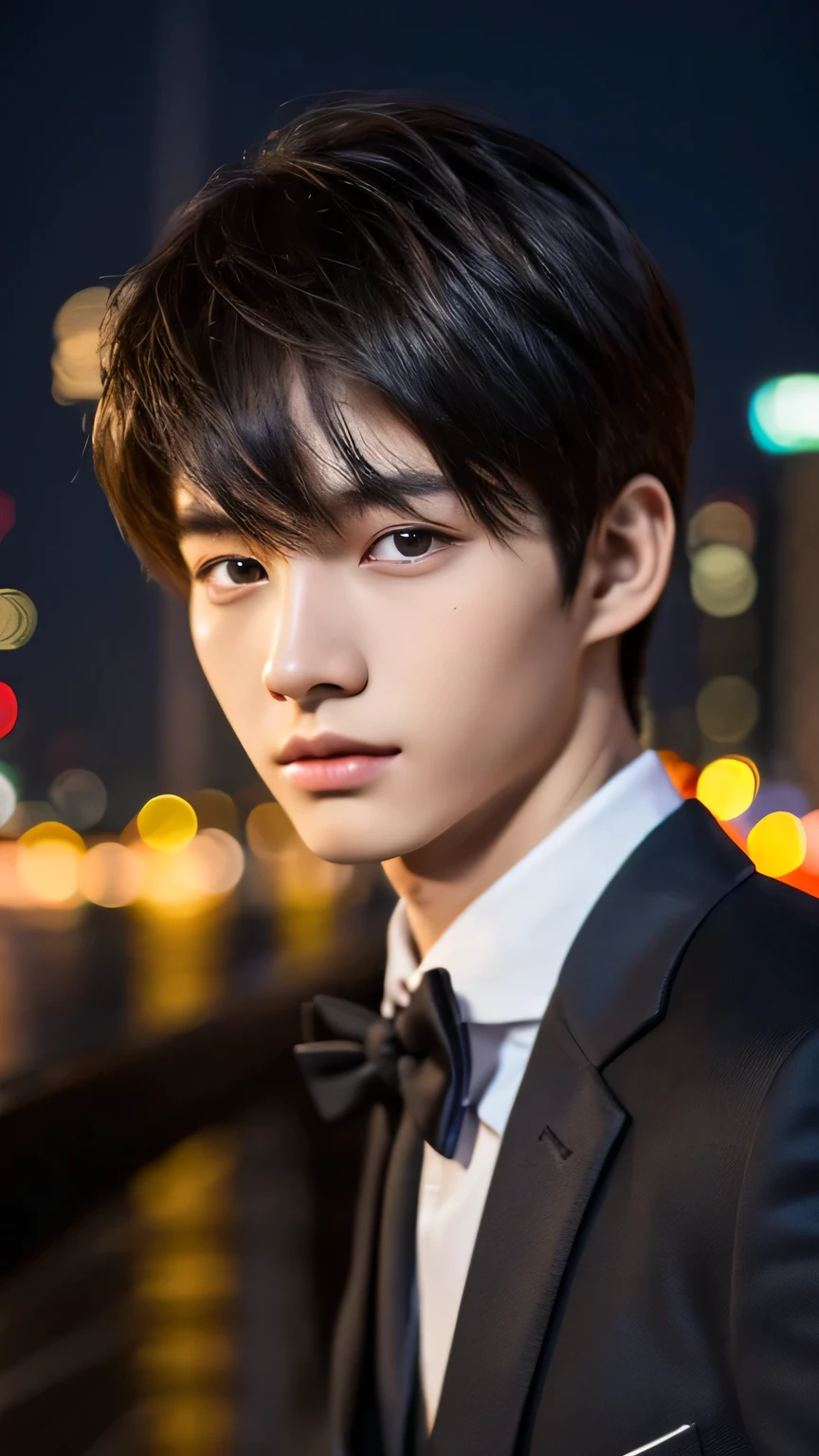 Highest quality, masterpiece, Ultra-high resolution, (Realistic: 1.4), Original photo, wallpaper, Head Photo, skin, Simple Background, Iris, detailed, Selfie, 1 boy, 18-year-old, good looking, Wind,suit、night
