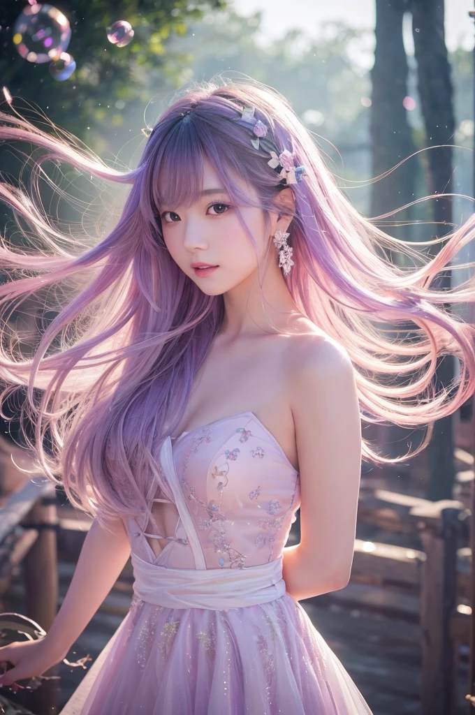 This image contains、It depicts a beautiful Japanese girl surrounded by a fantastical background.。The background is filled with pale pink and purple light.、It creates an atmosphere that makes you feel like you are in a dream.。The beautiful girl is wearing a thin white outfit.、The costume reflects the light and sparkles.。The thinness of the costume beautifully accentuates the lines of the body.、It further enhances the fantastic atmosphere.。

The beautiful girl has light purple hair、Softly spreads、It shines with light。Her pose is elegant、She is leaning forward slightly and looking towards me.、She has a soft and seductive look。

As a photographic technique、The contrast of light and shadow is very realistic.、The texture of the clothes and hair in particular is depicted in great detail.。Background light effects、The way the soap bubbles fly is also depicted in great detail.、Overall, a fantastic and beautiful scene has been completed.。The vertical composition emphasizes the beautiful girl&#39;s figure.、The fantastic light in the background creates a super-realistic, photo-realistic texture.。