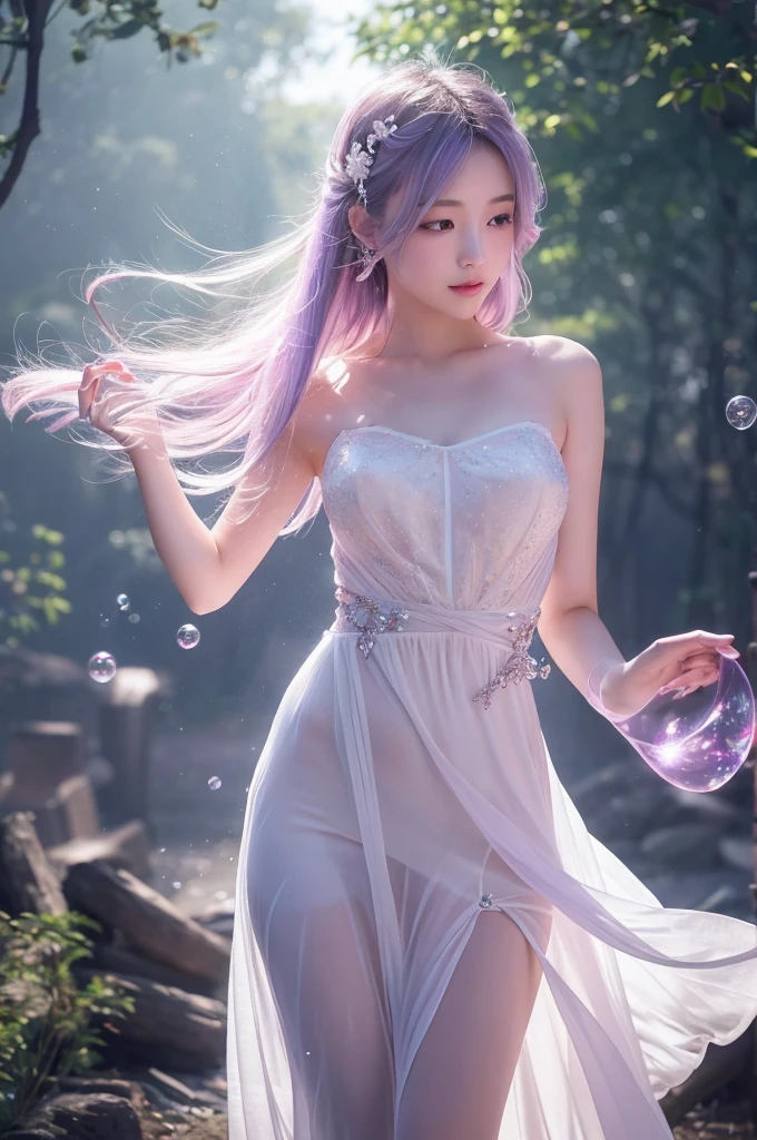 This image contains、It depicts a beautiful Japanese girl surrounded by a fantastical background.。The background is filled with pale pink and purple light.、It creates an atmosphere that makes you feel like you are in a dream.。The beautiful girl is wearing a thin white outfit.、The costume reflects the light and sparkles.。The thinness of the costume beautifully accentuates the lines of the body.、It further enhances the fantastic atmosphere.。

The beautiful girl has light purple hair、Softly spreads、It shines with light。Her pose is elegant、She is leaning forward slightly and looking towards me.、She has a soft and seductive look。

As a photographic technique、The contrast of light and shadow is very realistic.、The texture of the clothes and hair in particular is depicted in great detail.。Background light effects、The way the soap bubbles fly is also depicted in great detail.、Overall, a fantastic and beautiful scene has been completed.。The vertical composition emphasizes the beautiful girl&#39;s figure.、The fantastic light in the background creates a super-realistic, photo-realistic texture.。
