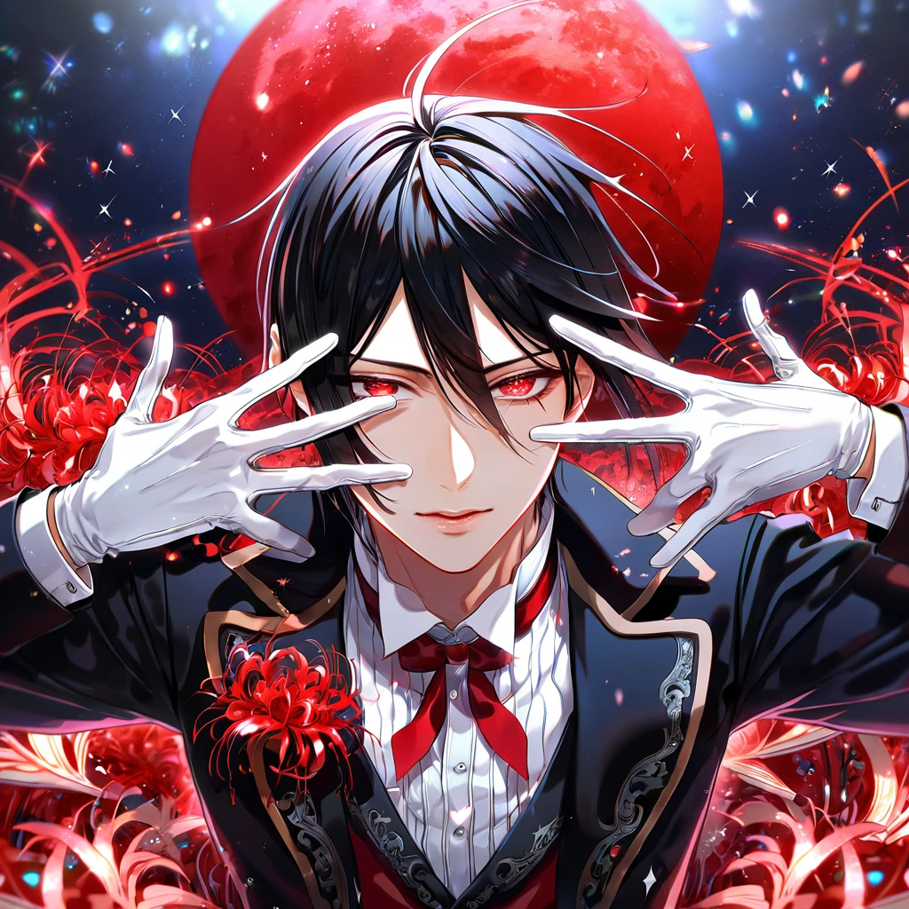 absurdres, highres, ultra detailed, HDR, master piece, best quality, extremely detailed, Sebastian Michaelis, black hair, expressive red eyes, Kuroshitsuji, solo, sexy man, handsome, sensual, black butler clothes, white gloves, fantasy, red blood water, sparkling, red glittering fireflies, red moon, red blossoms, red spider lilies, red sparkling lights, starry sky, magical