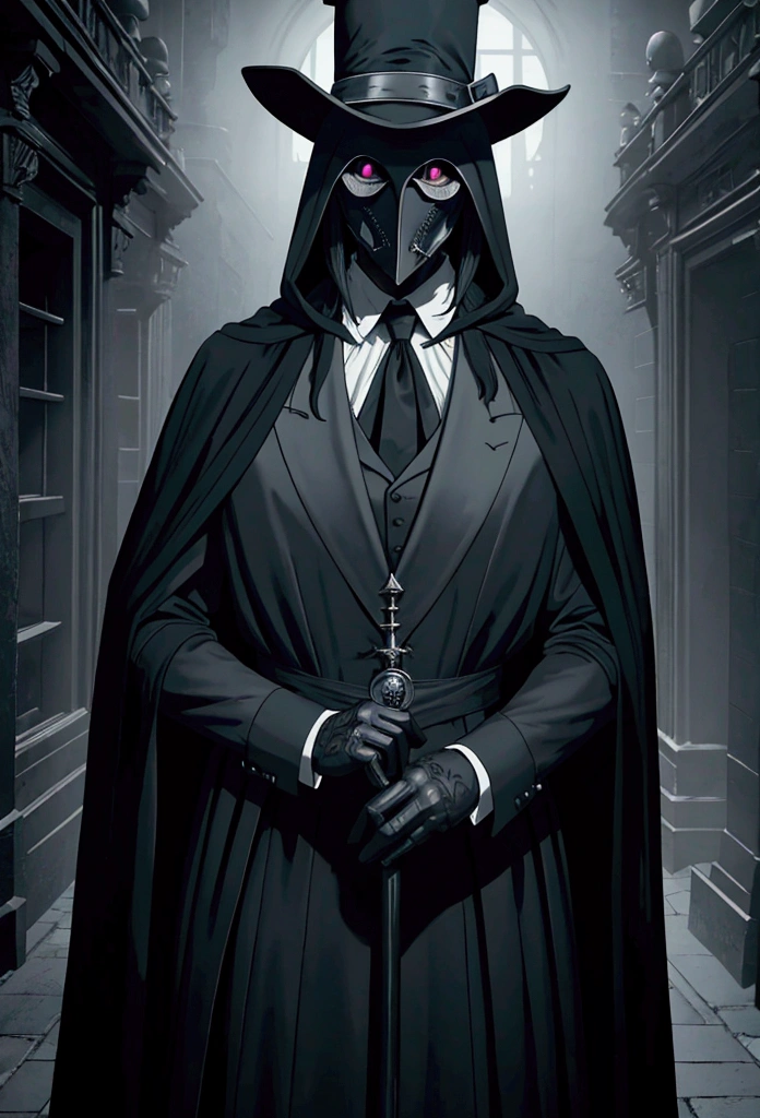 detailed plague doctor in black robe, silver beak mask, black top hat, photorealistic, hyperrealistic, 8k, high quality, cinematic, dramatic lighting, dark fantasy, moody atmosphere, intricate details, gothic, ominous, mysterious, grim, menacing, foreboding, eerie, unsettling, somber, haunting, chiaroscuro, dramatic shadows, dramatic highlights