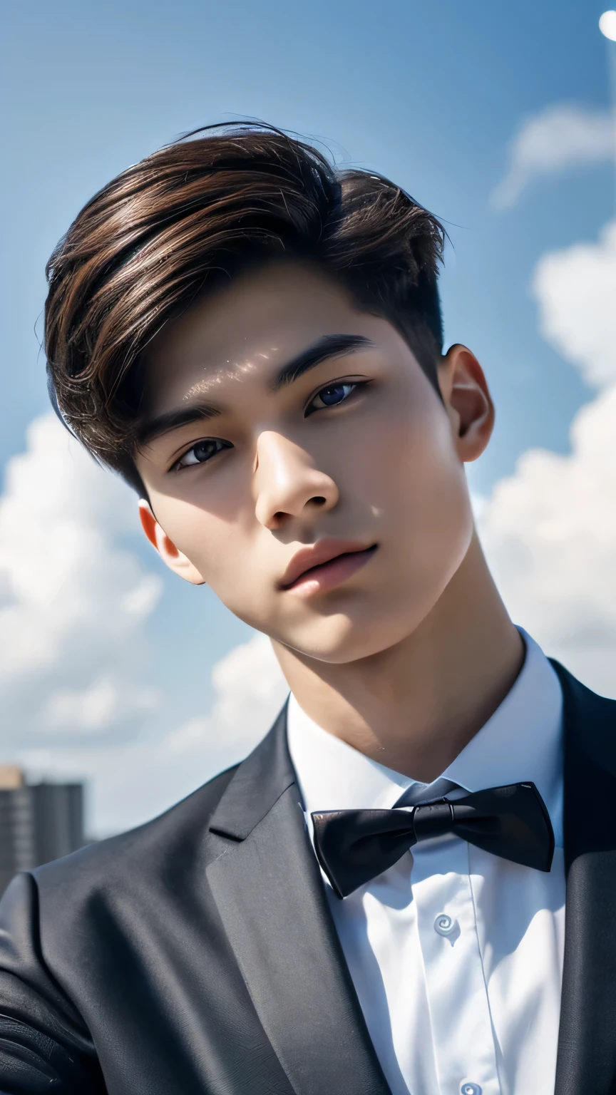 Highest quality, masterpiece, Ultra-high resolution, (Realistic: 1.4), Original photo, wallpaper, Head Photo, skin, Simple Background, Iris, detailed, Selfie, 1 boy, 18-year-old, good looking, Wind,suit
