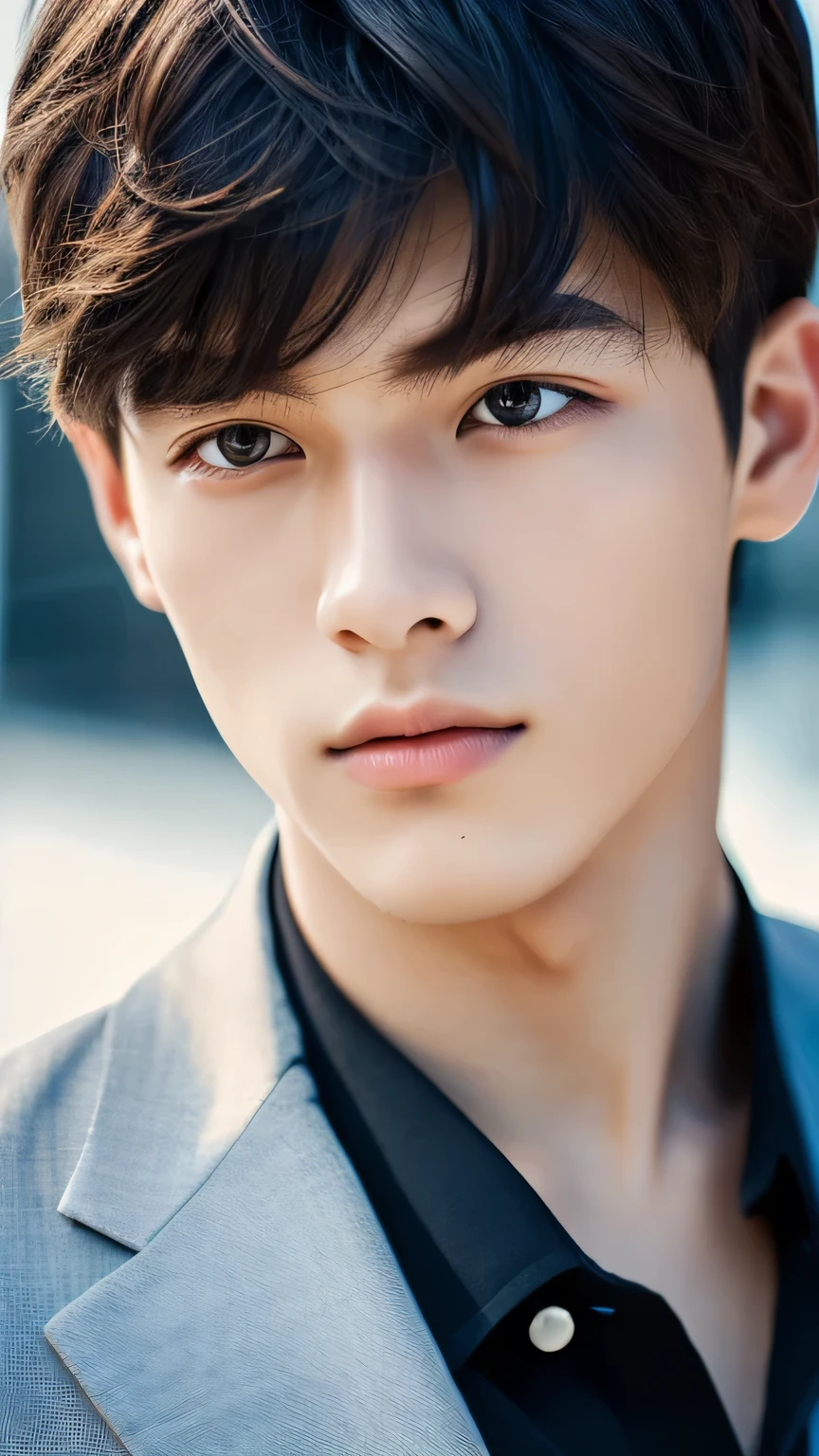 Highest quality, masterpiece, Ultra-high resolution, (Realistic: 1.4), Original photo, wallpaper, Head Photo, skin, Simple Background, Iris, detailed, Selfie, 1 boy, 18-year-old, good looking, Wind,suit