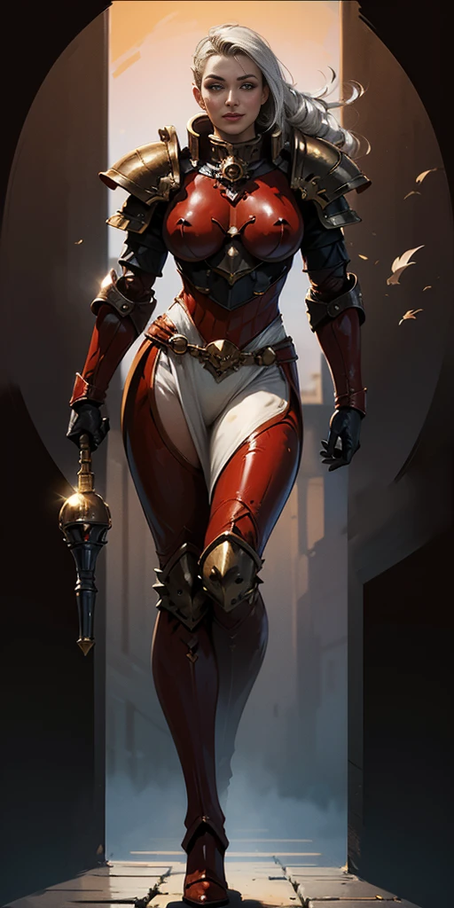 (masterpiece, best quality, 4k, 1girlsolo, 1MILF, mmplatz, smile, red cheeks, plain background:1.2) perfect face, perfect lighting, mature whsororitas with gloves red gauntlets in her hands like Cammy White from Street Fighter, bob white hair, warhammer 40k power armor suit with loincloth, red eyes like rubies, full body RED armor, view from below, looking to the viewer, arms to the sides empty hands, RED military boots, silver skull ornament attached to crossing 2 belt wide hips, 2 long legs