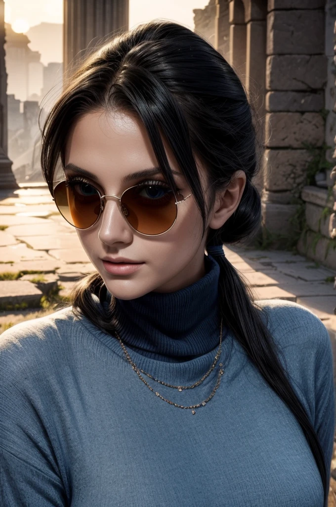 masterpiece, best quality, extremely detailed, hyperrealistic:1.1, photorealistic, a beautiful 20s russian model, ultra detailed face:1.1, sunglasses on head:1.1, blue turtle neck sweater, lower ponytail, black hair, full body shot, ancient ruin, mystical light, in the sunset, sly smile:1.1, fashion model posing, from above, dynamic angle