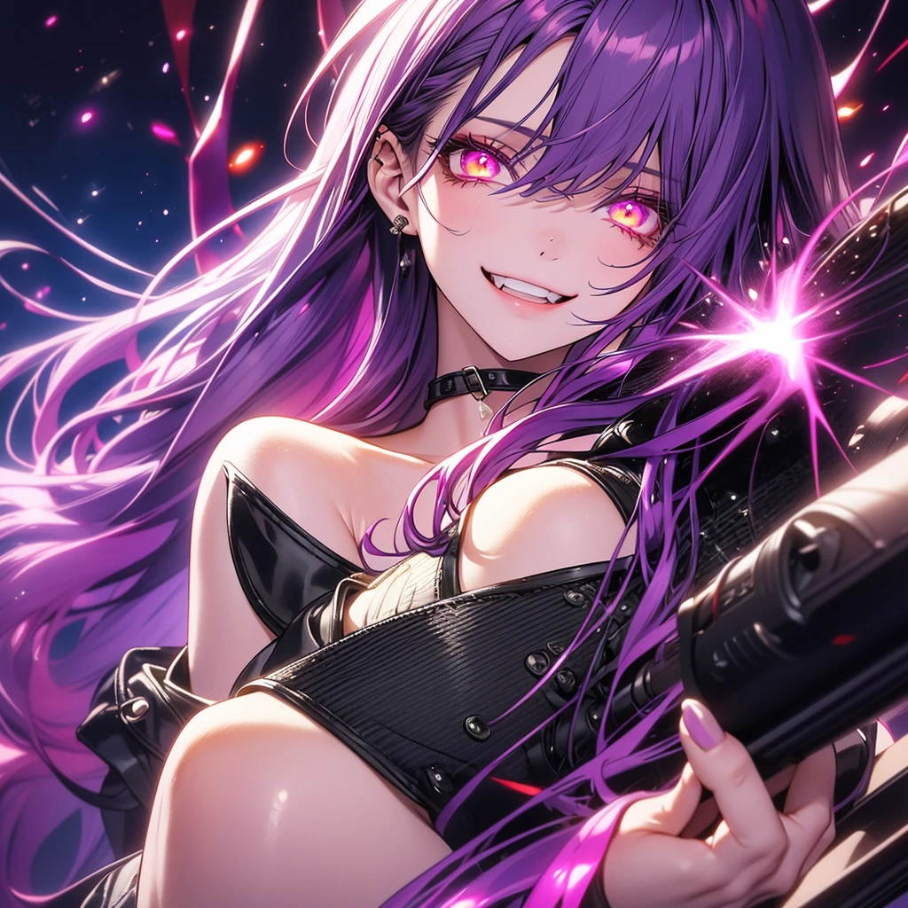 purple hair, colored inner hair, medium hair, shiny hair, yellow eyes, ringed eyes, longeyelashes, evil smile, fingersmile, seductive smile, naughty, happy, skin fang, raised eyebrow, Surrealism, Conceptual art, Surrealism, glowing light, sparkle, cinematic lighting, projected inset, cowboy shot, lens flare, 8k, super detail, UHD, masterpiece, accurate, accurate, textured skin, textured skin, high details, high quality, award winning, best quality, highres