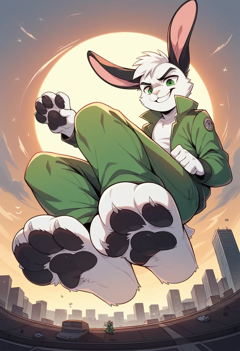 anthro, Rabbit, white fur, green eyes, green jacket, black ears, Macro, Fußfocus, alone, good lighting, Focus on feet, Stand, left foot raised, smirk, fluffy, pelzig paws, Paw pads, black pawpads, stomps on a city, no pants