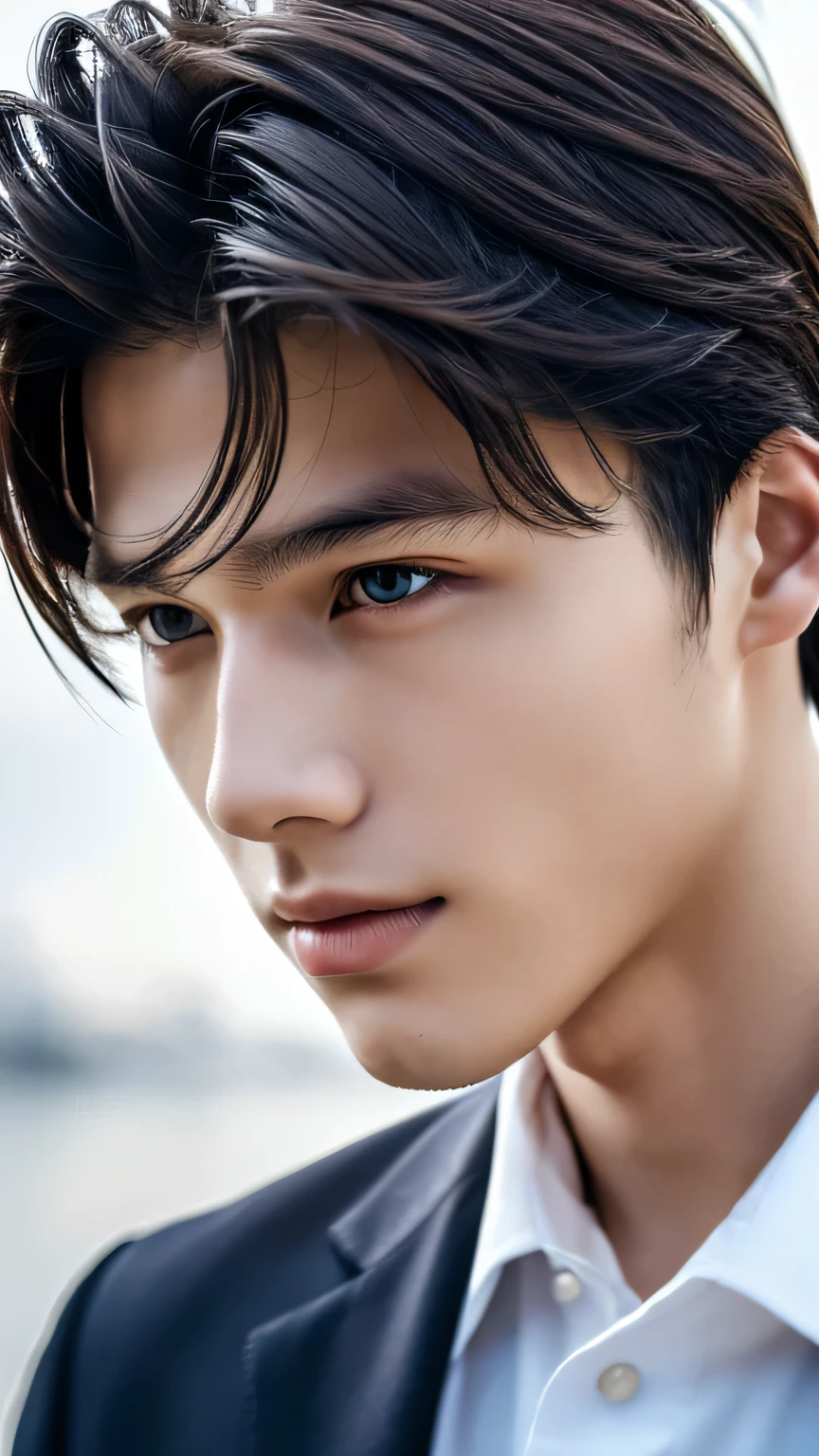 Highest quality, masterpiece, Ultra-high resolution, (Realistic: 1.4), Original photo, wallpaper, Head Photo, skin, Simple Background, Iris, detailed, Selfie, 1 boy, 18-year-old, good looking, Wind,suit