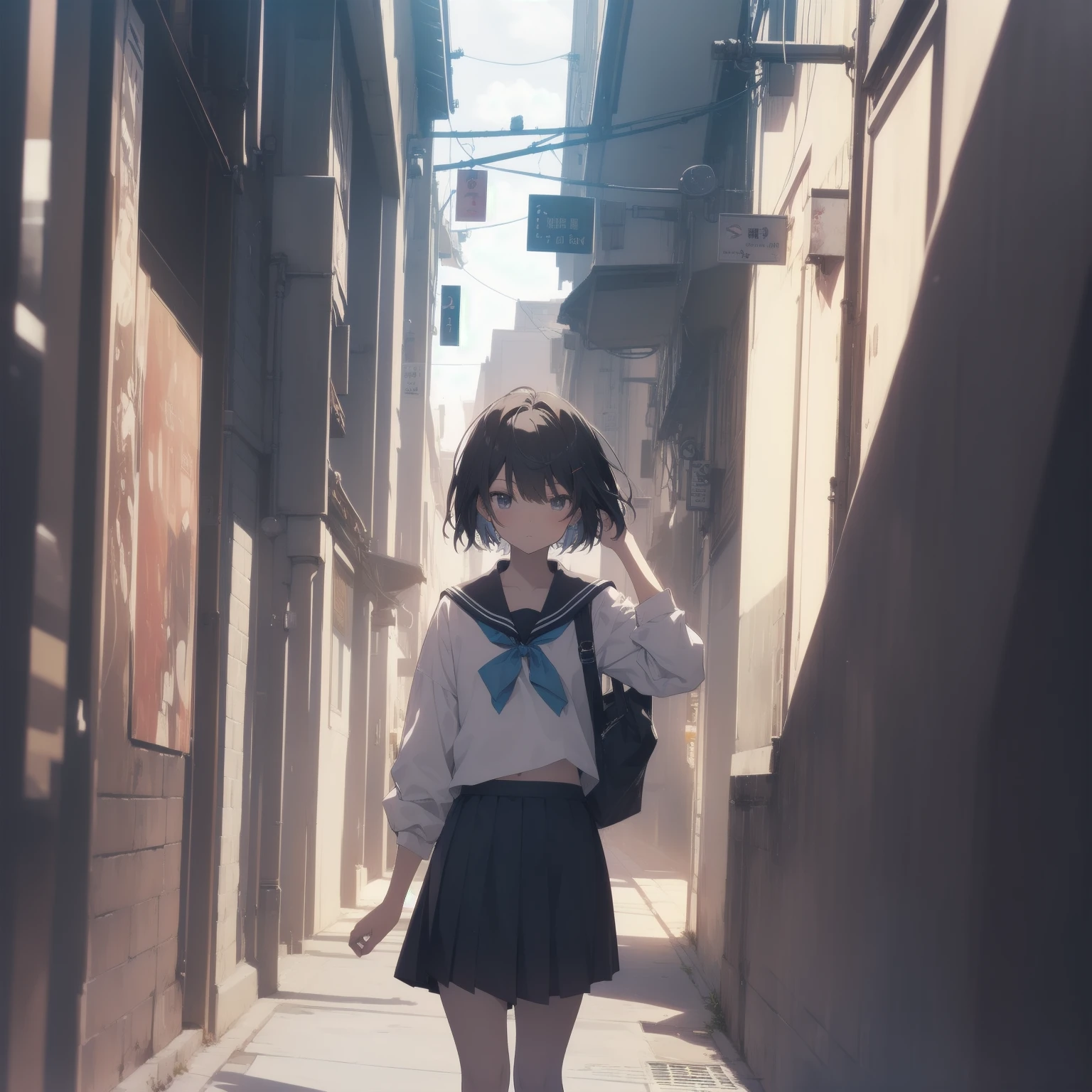 ultra-absurdres-Top quality by artist God, ultra-detailed, high resolution, anime moe artstyle, best anime 8k konachan wallpaper, pixiv contest winner, pool:2810, perfect anatomy,break, 1girl, (Please draw a girl walking sleepily to school alone. )break,(Solo,little female, 13-year-old:1.3),Full limbs, complete fingers,a junior high school student, (very short hair), short cut, flat chest, , small butt, small black eyes, beautiful detailed eyes, well-proportioned iris and pupils, expressive eyes, highres detailed hair, soft expression, salor school_uniform, sailor collar, serahuku, bow, pleated skirt,(Detailed Lighting), (Detailed background), in the School commute route. break,super detailed skin, Best cinematic lighting powered by famous artist, 8k,beauty illustration,photoshop_(medium),very aesthetic,break,((artist:anti_(untea9) )), artist:clamp ,artist:carnelian ,artist:kantoku ,

