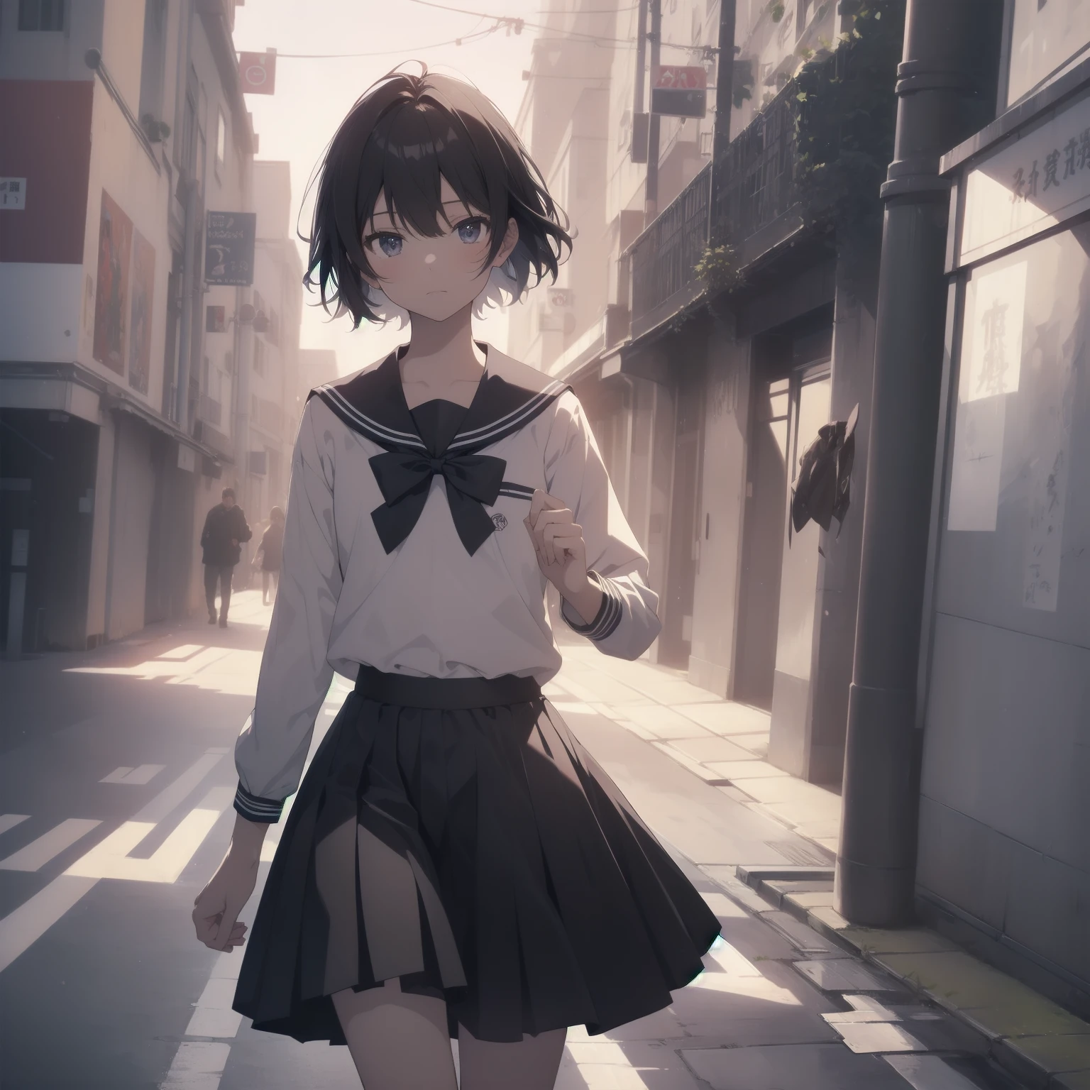 ultra-absurdres-Top quality by artist God, ultra-detailed, high resolution, anime moe artstyle, best anime 8k konachan wallpaper, pixiv contest winner, pool:2810, perfect anatomy,break, 1girl, (Please draw a girl walking sleepily to school alone. )break,(Solo,little female, 13-year-old:1.3),Full limbs, complete fingers,a junior high school student, (very short hair), short cut, flat chest, , small butt, small black eyes, beautiful detailed eyes, well-proportioned iris and pupils, expressive eyes, highres detailed hair, soft expression, salor school_uniform, sailor collar, serahuku, bow, pleated skirt,(Detailed Lighting), (Detailed background), in the School commute route. break,super detailed skin, Best cinematic lighting powered by famous artist, 8k,beauty illustration,photoshop_(medium),very aesthetic,break,((artist:anti_(untea9) )), artist:clamp ,artist:carnelian ,artist:kantoku ,