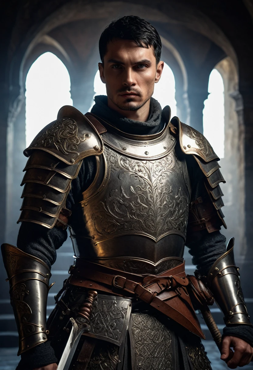 a european male warrior with black short hair, detailed facial features, piercing hazel eyes, sharp jawline, wearing ornate armor, holding a sword, medieval fantasy setting, dramatic lighting, cinematic composition, (best quality,4k,8k,highres,masterpiece:1.2),ultra-detailed,(realistic,photorealistic,photo-realistic:1.37),intricate details,epic scale,dramatic shadows,moody atmosphere,muted earthy colors,volumetric lighting,chiaroscuro,cinematic camera angle,heroic pose