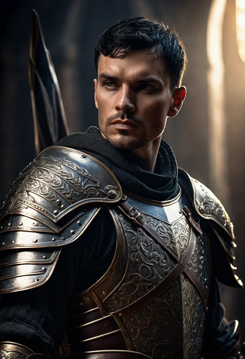 a european male warrior with black short hair, detailed facial features, piercing hazel eyes, sharp jawline, wearing ornate armor, holding a sword, medieval fantasy setting, dramatic lighting, cinematic composition, (best quality,4k,8k,highres,masterpiece:1.2),ultra-detailed,(realistic,photorealistic,photo-realistic:1.37),intricate details,epic scale,dramatic shadows,moody atmosphere,muted earthy colors,volumetric lighting,chiaroscuro,cinematic camera angle,heroic pose