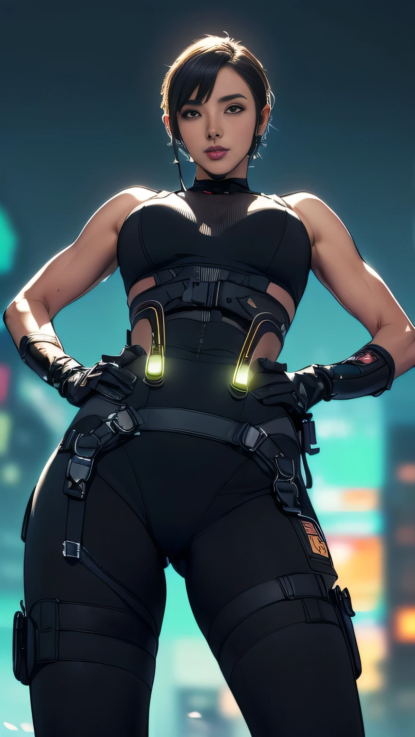 (A woman),(((Future female police officer standing))),((Black tactical tights:1.5)),((Camel toe:1.5)),((earphone:1.5)),((Tactical Holster:1.5)),(Gloves:1.5),(((Hands on Hips:1.5))),(front:1.5),(From below:1.2),(Super short hair:1.5),(bionde:1.5),(beautiful eyes:1.3),(Very detailedな顔:1.5),((Very detailed drawing of a female hand:1.5)),((muscular:1.5)),(Sexy look:1.5),((Thick thighs:1.5)),(Beautiful Body:1.5),((Very sensual:1.5)),(The backdrop is a futuristic city:1.5),(Cyberpunk atmosphere:1.5),(((Blurred Background:1.5))),(Written border depth:1.5),rest(((masterpiece:1.5),(best quality:1.5),(Very detailed:1.5),(high resolution:1.5),(Practical:1.5),(Practical:1.5),(Delicate depiction),(Carefully drawn))),8k,wallpaper