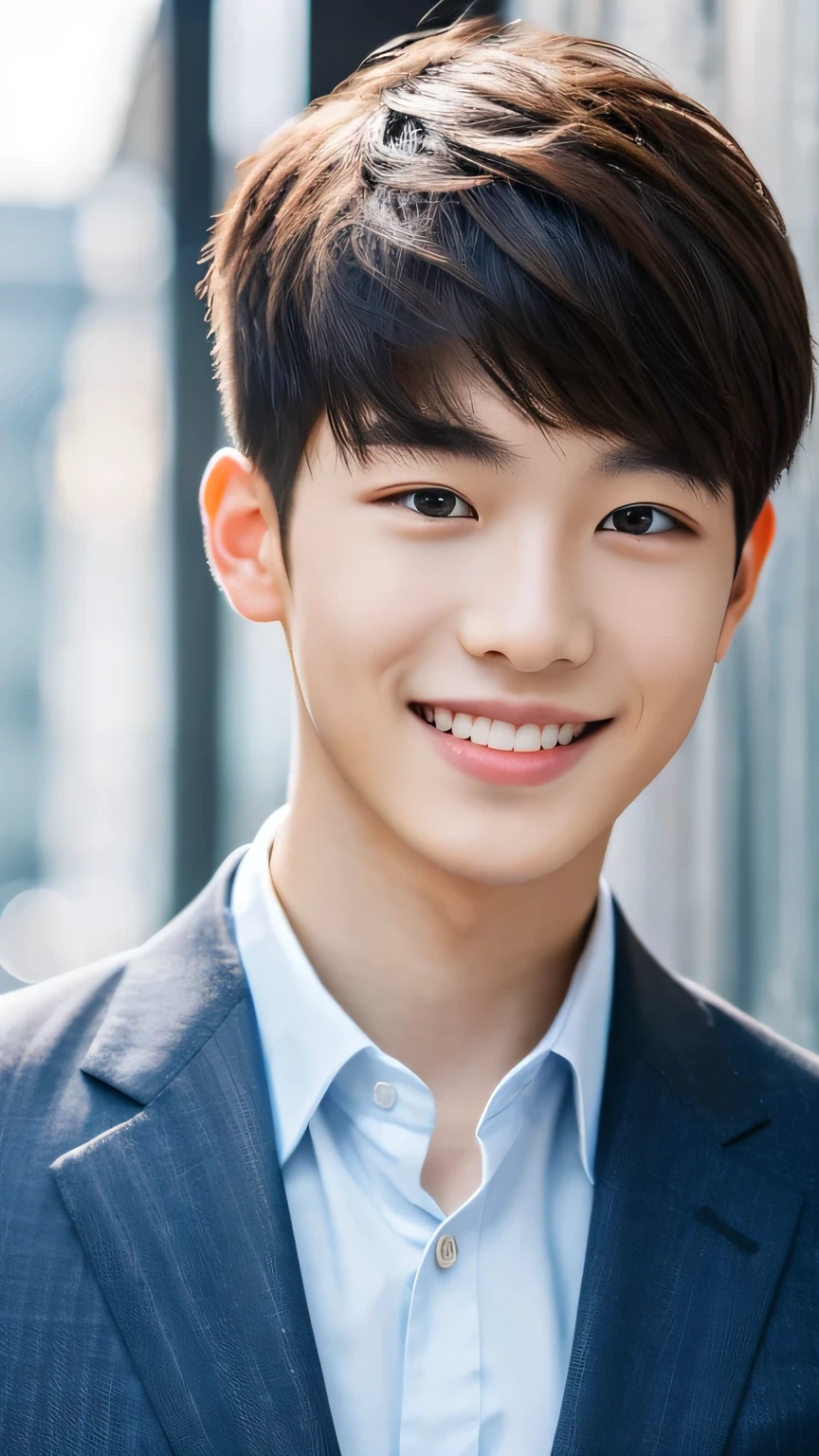 Highest quality, masterpiece, Ultra-high resolution, (Realistic: 1.4), Original photo, wallpaper, Head Photo, skin, Simple Background, Iris, detailed, Selfie, 1 boy, 18-year-old, good looking, Wind,suit、smile