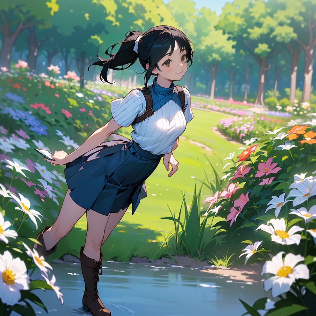 (high quality, High resolution, Very detailed, reality:1.37), Peaceful atmosphere, (Outdoor, garden), Teenage girl standing alone, (my breasts are big.), Beautiful details, Cute Smile, (Black hair ponytail), Short sleeve ribbed sweater, Blue Skirt, Black tights, Brown boots.