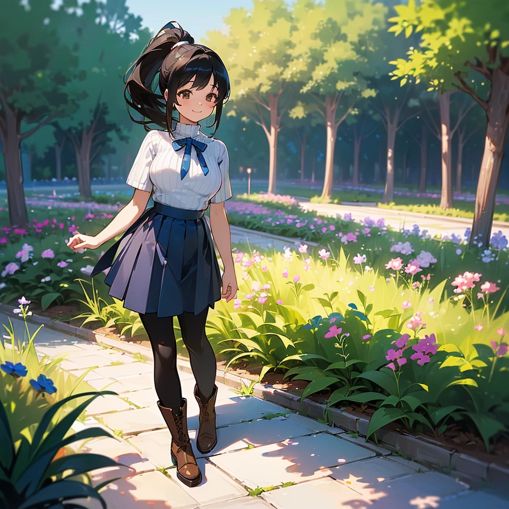 (high quality, High resolution, Very detailed, reality:1.37), Peaceful atmosphere, (Outdoor, garden), age girl standing alone, (my breasts are big.), Beautiful details, Cute Smile, (Black hair ponytail), Short sleeve ribbed sweater, Blue Skirt, Black tights, Brown boots.