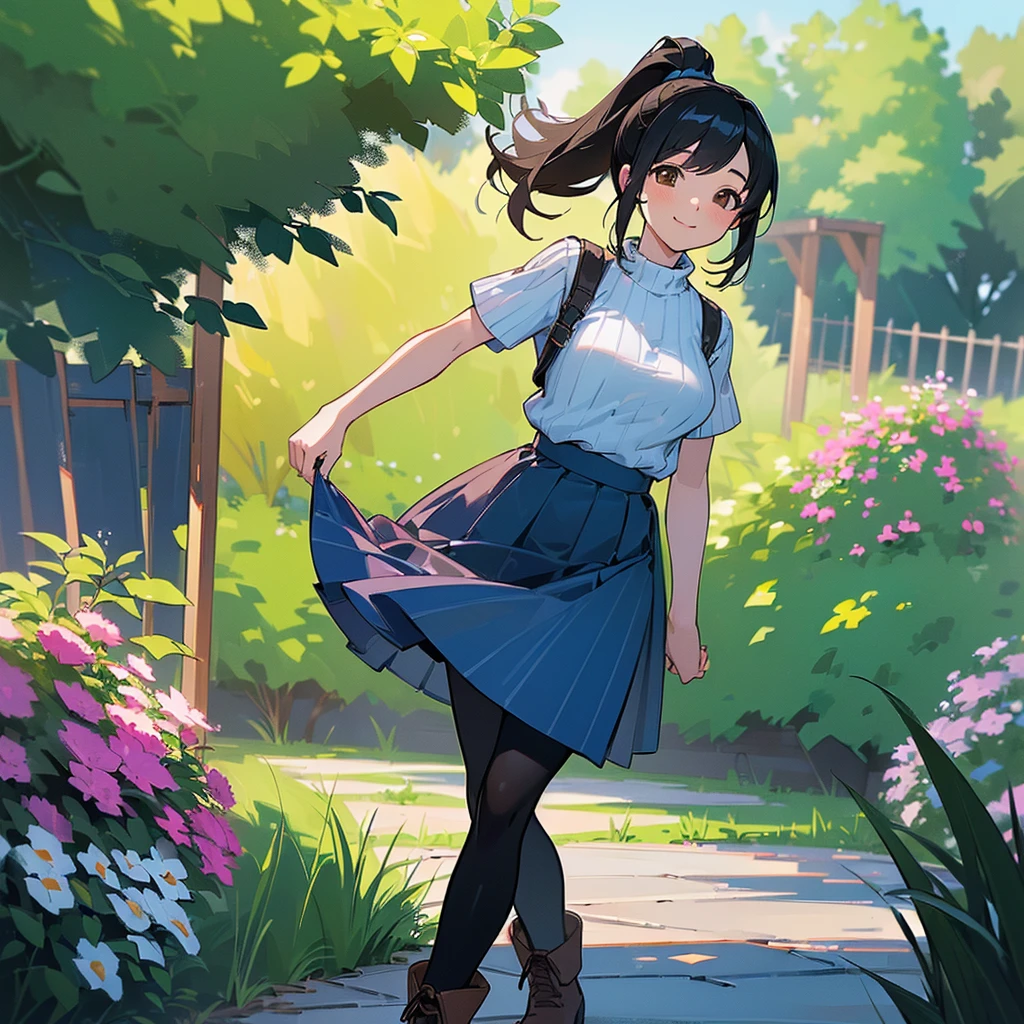 (high quality, High resolution, Very detailed, reality:1.37), Peaceful atmosphere, (Outdoor, garden), Teenage girl standing alone, (my breasts are big.), Beautiful details, Cute Smile, (Black hair ponytail), Short sleeve ribbed sweater, Blue Skirt, Black tights, Brown boots.