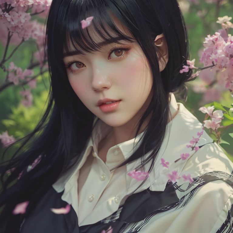 girl with long black hair and a collared shirt, artwork in the style of guweiz, digital art ilya kuvshinov, hinata hyuga, hinata hyuga from naruto,  styled digital art, beautiful portrait, digital  art,  style 4 k, realistic  artstyle, by Ilya Kuvshinov, detailed digital  art