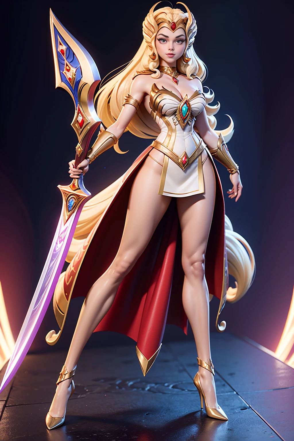 ((Full body photo,standing, feet on the ground))  Masterpiece, Ultra Detailed, Hard Drive, 8K, Photorealistic, 3dmm, !(a costumed woman holding a sword, She - RA, She-Ra, Powerful Girl, The Princess of Power, by Alan Davis, Intergalactic Princess, Perfect Body , beautiful leaked image, giovanna day)
