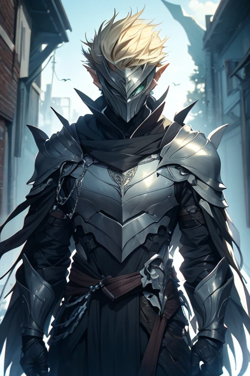 man, blond hair, short hair, green eyes, wears a mask that covers his entire face, only leaving his eyes and ears showing and his hair is also showing, pointy ears, wears a blue cloak with a contrasting black and has a symbol of a dragon with a white sword on it, he wears armor on his waist, the scene is a field full of swords stuck in him