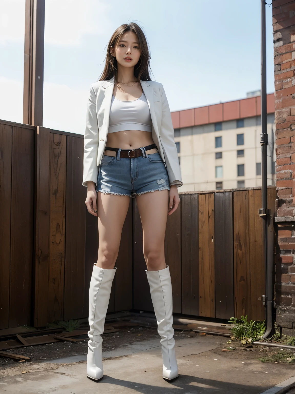 masterpiece,highest quality,High resolution,Full Body View,White jacket,Red innerwear,Belly button,Belted denim mini shorts,The heroine in white long boots with high heels,Perfect Legs,Perfect Skin,Perfect Arms,Abdominal muscles,The background is an abandoned factory