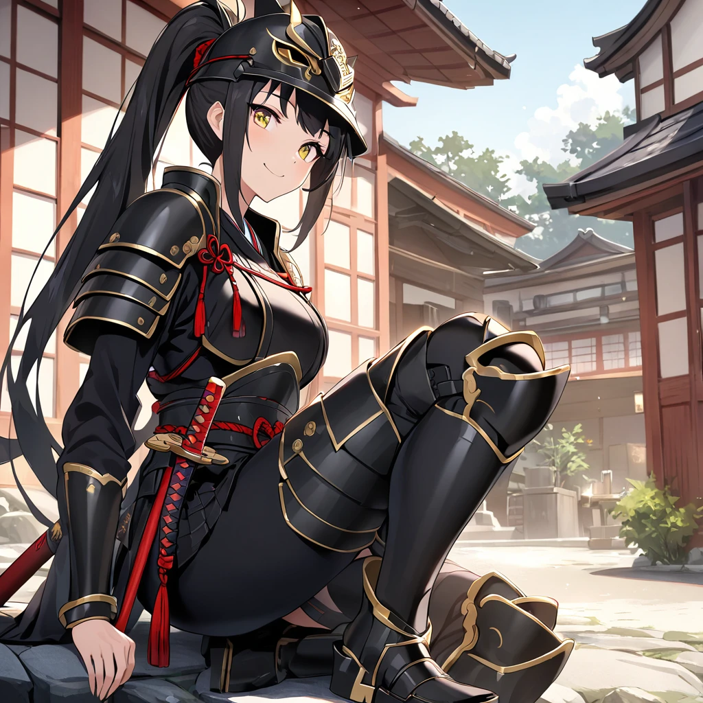 A woman wearing heavy black samurai armor with gold details, metal shoulder pads, black metal boots, wearing a traditional samurai helmet, metal bracelet, holding a katana without a sheath, on a stone platform, a place with Japanese aesthetics, a Japanese house in the background , black hair, long hair, ponytail hair, yellow eyes, smiling, perfect face, daytime location.( solo woman) close view.
