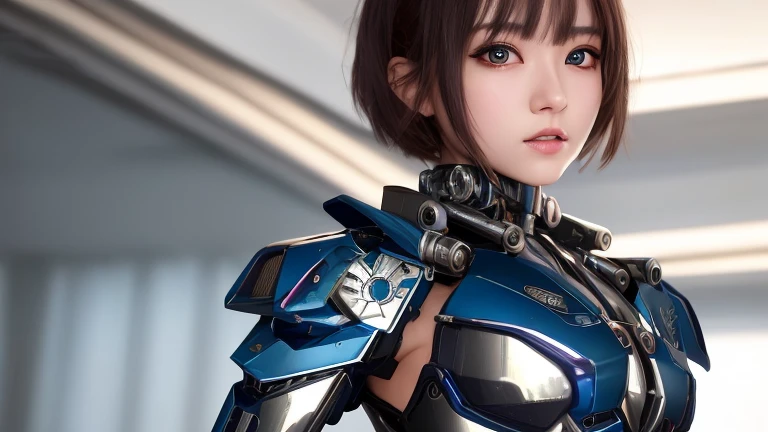 (8k, masterpiece, 最high quality), Very detailed, Beautiful, small round eyes, Beautifully detailed face, high quality, High resolution, Mecha girl wearing sexy outfit, Huge breasts, (See-through dress:1.2), Mecha, Remains, perfection , perfection face, Midnight, short hair
