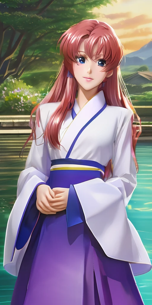 64k,超High resolution,超Highest quality,masterpiece,Hyperrealistic,Full body photo,Full body angle,Whole Body Ezbian,Surreal,Very detailed:1.3,Ultra-realistic:3.0,masterpiece,Detailed eyes,Detailed skin,Detailed face,Shiny skin,Detailed Hair,White skin,Perfect lighting,Glossy Lips,wallpaper,京都animeーション, animeカラーリング ,Sunrise,Klein Lake,GundamSEED,2024 Era \(style\),masterpiece, Highest quality, High resolution, anime, Lacus 1, One girl, alone, Pink Hair, Straight hair, hair ornaments, White sleeves, blue eyes, White Dress, Purple Skirt, Long skirt,Dress,Swimsuit,Yukata, Very long hair, Bare shoulders, Large Breasts, smile, Gundam, In the water lake,retro artstyle,