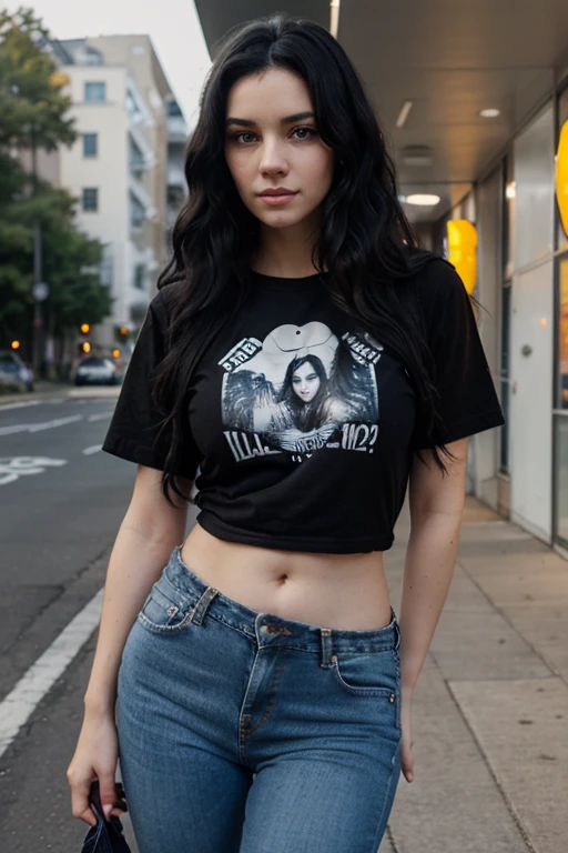 a woman with wavy black hair, Caucasian skin, dark shaped eyes, large hips, with jeans and band t-shirt.