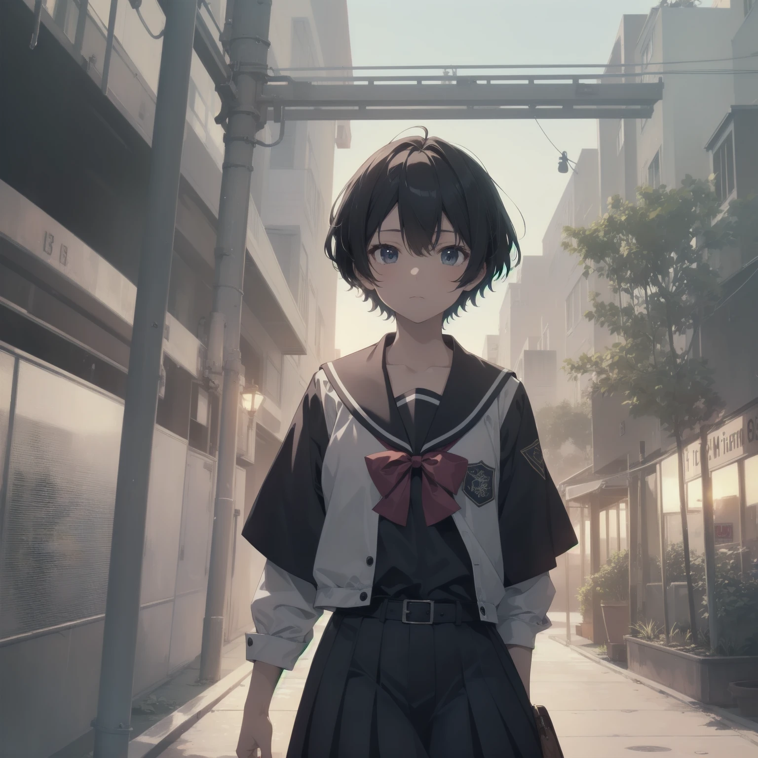 ultra-absurdres-Top quality by artist God, ultra-detailed, high resolution, anime moe artstyle, best anime 8k konachan wallpaper, pixiv contest winner, pool:2810, perfect anatomy,break, 1girl, (Please draw a girl walking sleepily to school alone. )break,(Solo,little female, :1.3),Full limbs, complete fingers,a junior high school student, (very short hair), short cut, flat chest, , small butt, smallck eyes, beautiful detailed eyes, well-proportioned iris and pupils, expressive eyes, highres detailed hair, soft expression, salor school_uniform, sailor collar, serahuku, bow, pleated skirt,(Detailed Lighting), (Detailed background), in the School commute route. break,super detailed skin, Best cinematic lighting powered by famous artist, 8k,beauty illustration,photoshop_(medium),very aesthetic,break,((artist:anti_(untea9) )), artist:clamp ,artist:carnelian ,artist:kantoku ,