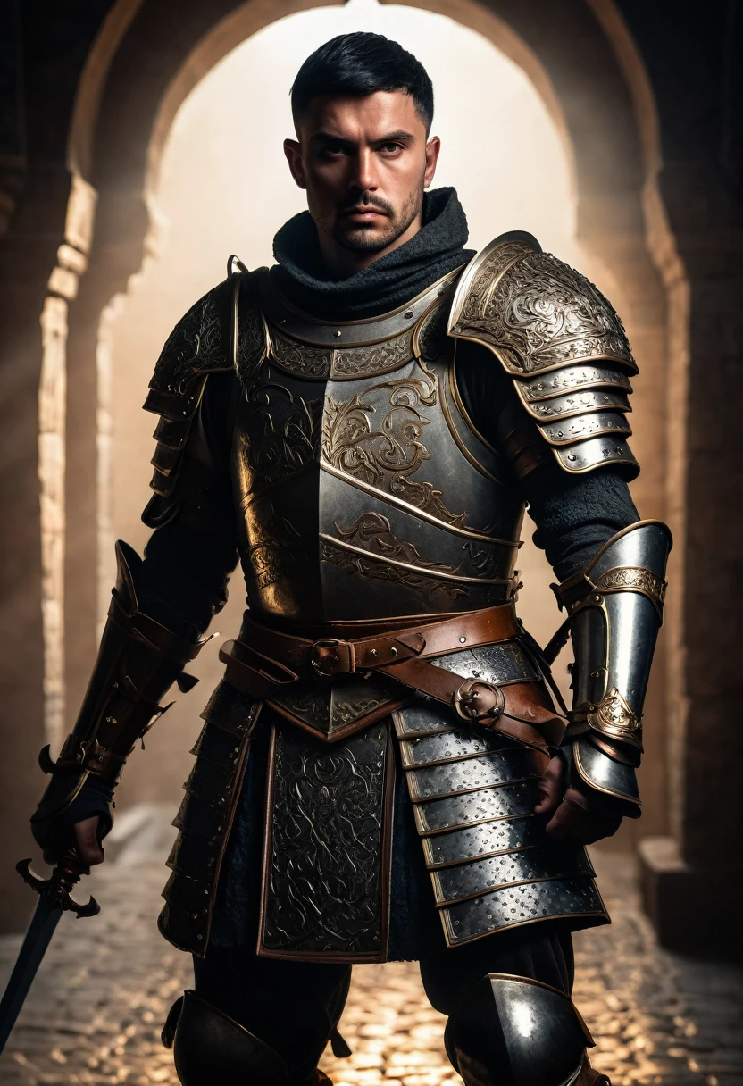 a european male warrior with black short hair, detailed facial features, piercing hazel eyes, wearing ornate armor, holding a sword, medieval fantasy setting, dramatic lighting, cinematic composition, (best quality,4k,8k,highres,masterpiece:1.2),ultra-detailed,(realistic,photorealistic,photo-realistic:1.37),intricate details,epic scale,dramatic shadows,moody atmosphere,muted earthy colors,volumetric lighting,chiaroscuro,cinematic camera angle,heroic pose