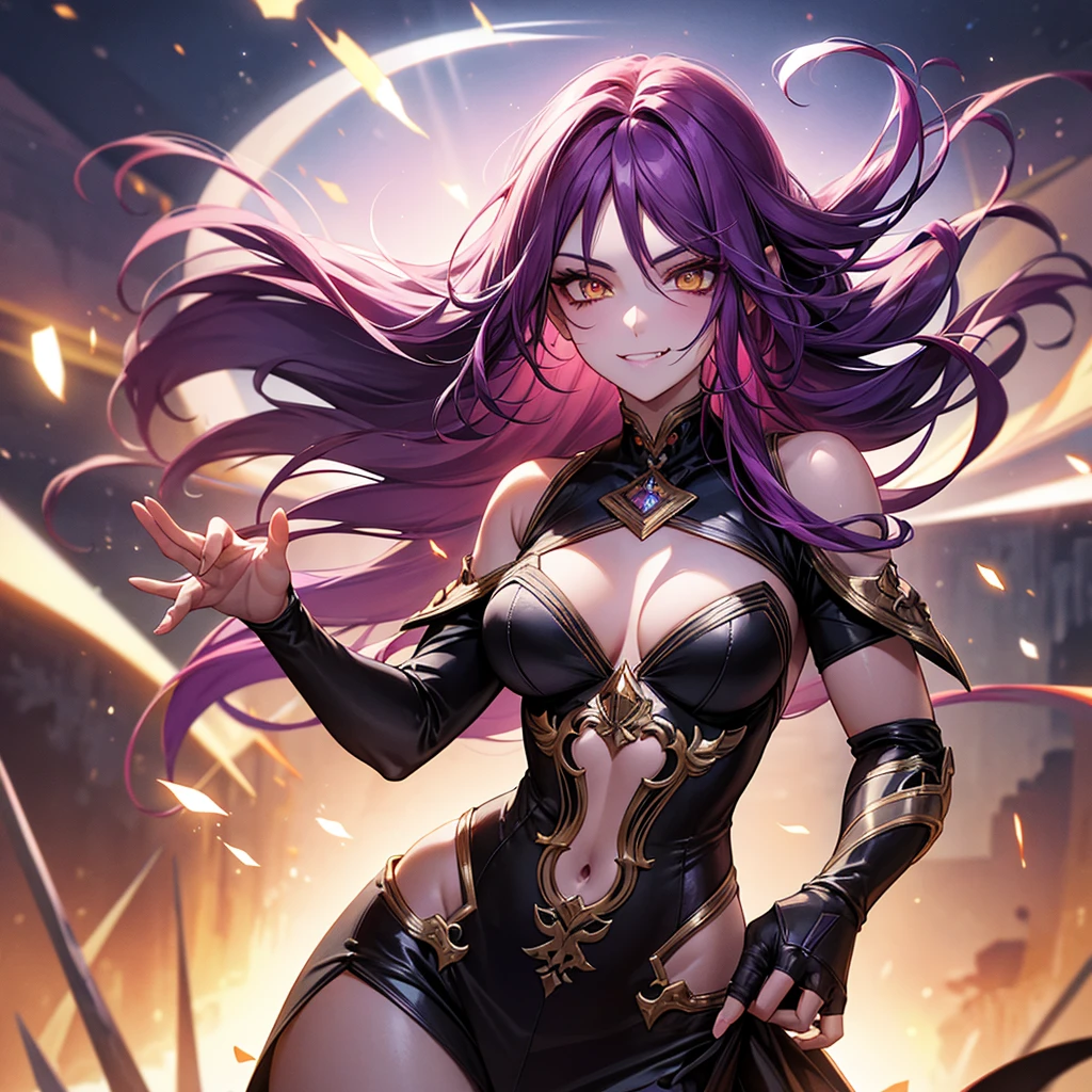 purple hair, colored inner hair, medium hair, shiny hair, yellow eyes, ringed eyes, longeyelashes, evil smile, fingersmile, seductive smile, naughty, happy, skin fang, raised eyebrow, Surrealism, Conceptual art, Surrealism, glowing light, sparkle, cinematic lighting, projected inset, cowboy shot, lens flare, 8k, super detail, UHD, masterpiece, accurate, accurate, textured skin, textured skin, high details, high quality, award winning, best quality, highres