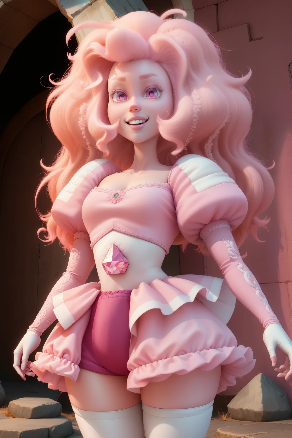 pnkdamond, pink hair, pink eyes,  big hair,  stomach gem,  pink skin,  toned, 
puffy short sleeves, elbow gloves ,  white thighhighs,   puffy dress, 
standing, upper body, 
 outerspace,  
(insanely detailed, beautiful detailed face,beautiful detailed eyes, masterpiece, best quality) cinematic lighting,  smile, 
 