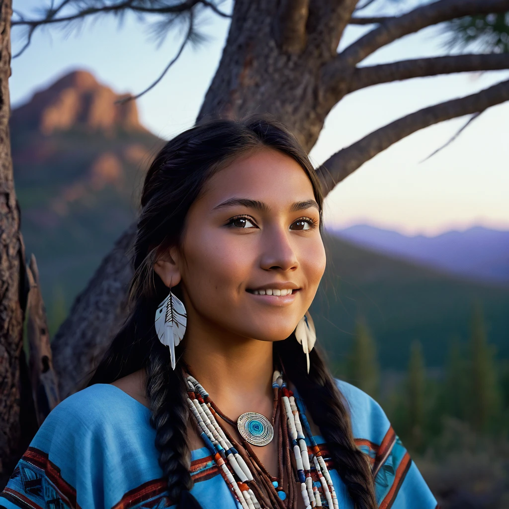 (grainy:0.5), cinematic, beautiful girl 25 year old,native american,fantasy,(solo:1.3), detailed eyes, detailed face, detailed native american clothing , volumetric lighting, dusk, extremely detailed background, standing next to tree and mountain, smiling, half closed eyes, tilted head, from side